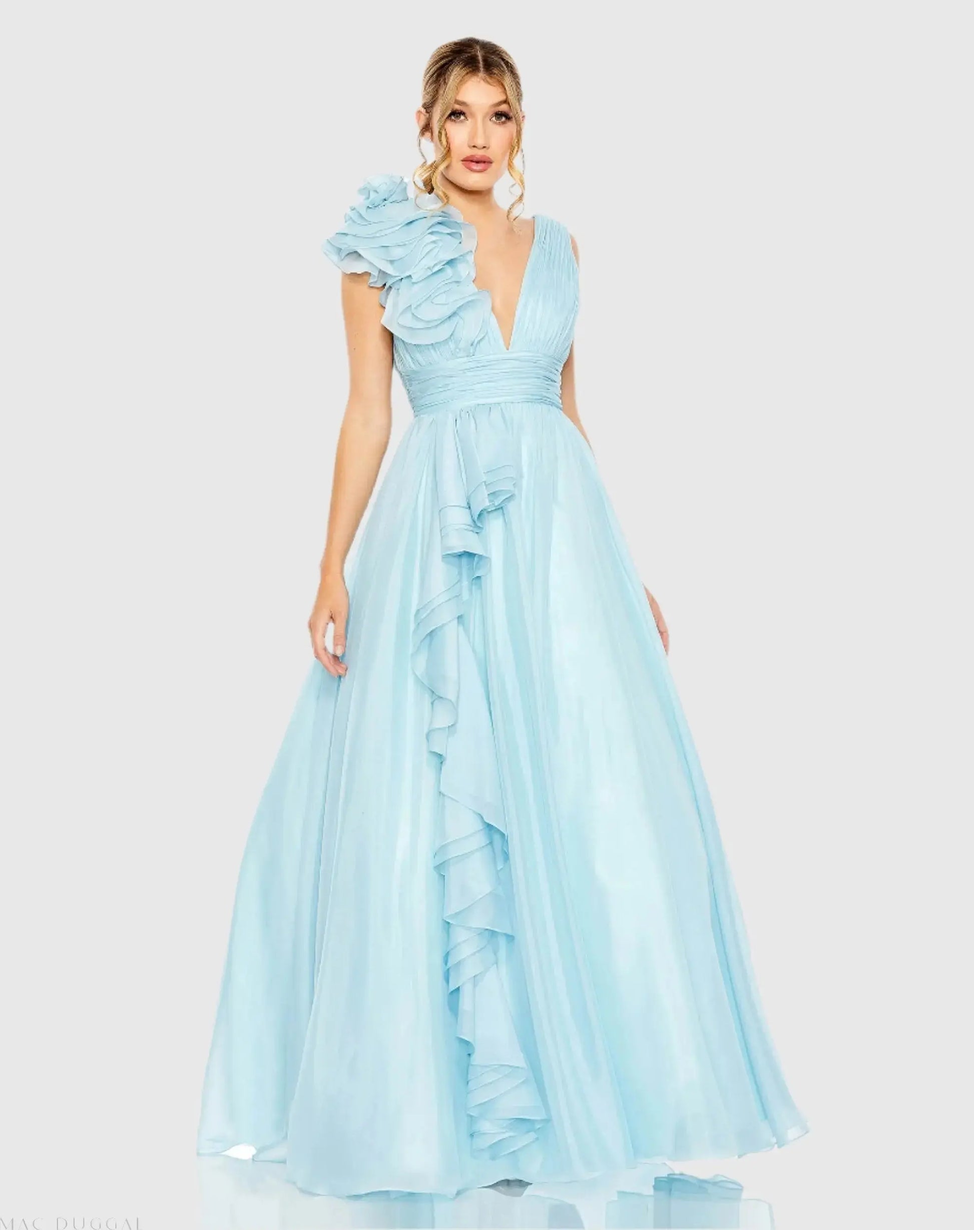 Light Blue Ruffle Shoulder V-Neck Chiffon Gown Light Blue Ruffle Shoulder V-Neck Chiffon Gown