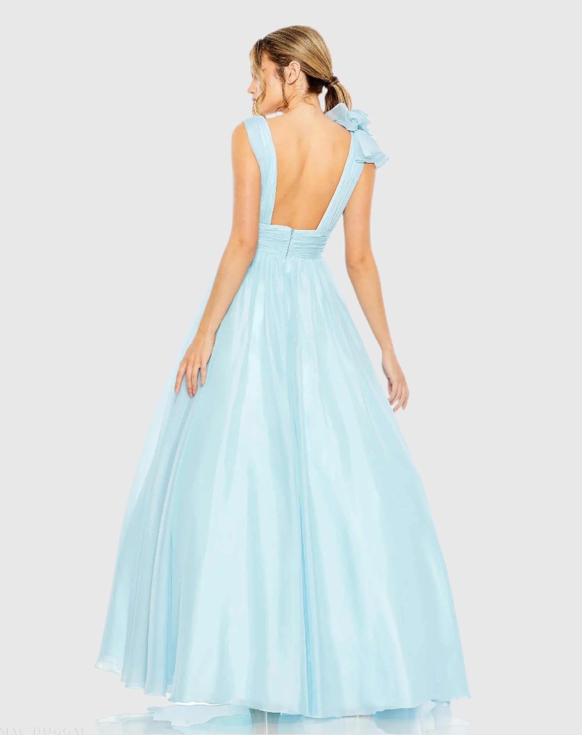 Light Blue Ruffle Shoulder V-Neck Chiffon Gown - Mac Duggal