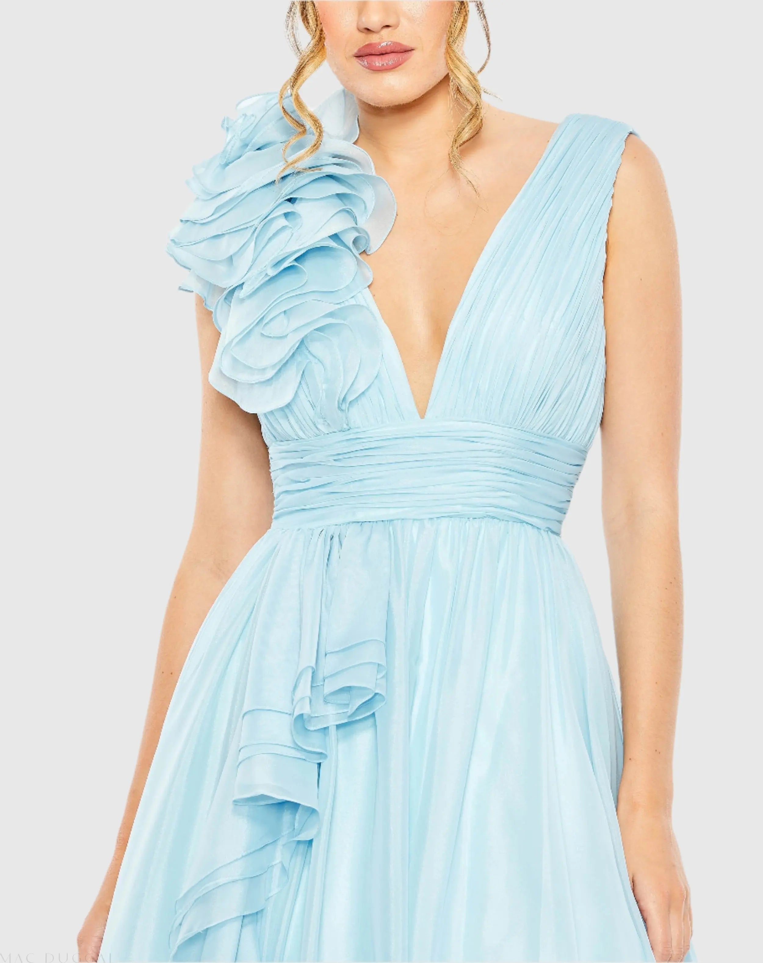 Light Blue Ruffle Shoulder V-Neck Chiffon Gown - Mac Duggal