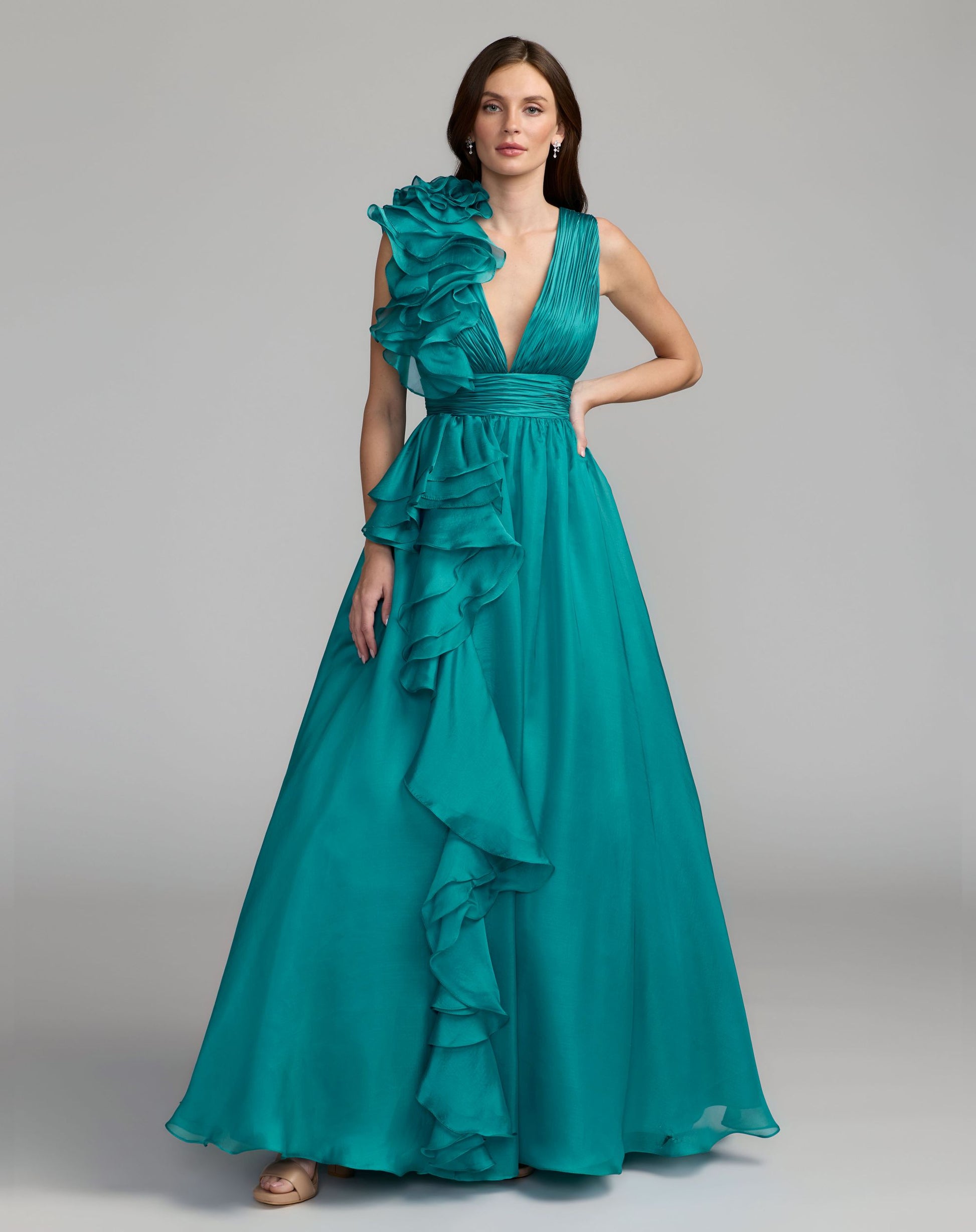 mac duggal ruffle-sleeve v-neck tiered chiffon maxi dress Mac Duggal Ruffle-Sleeve V-Neck Tiered Chiffon Maxi Dress