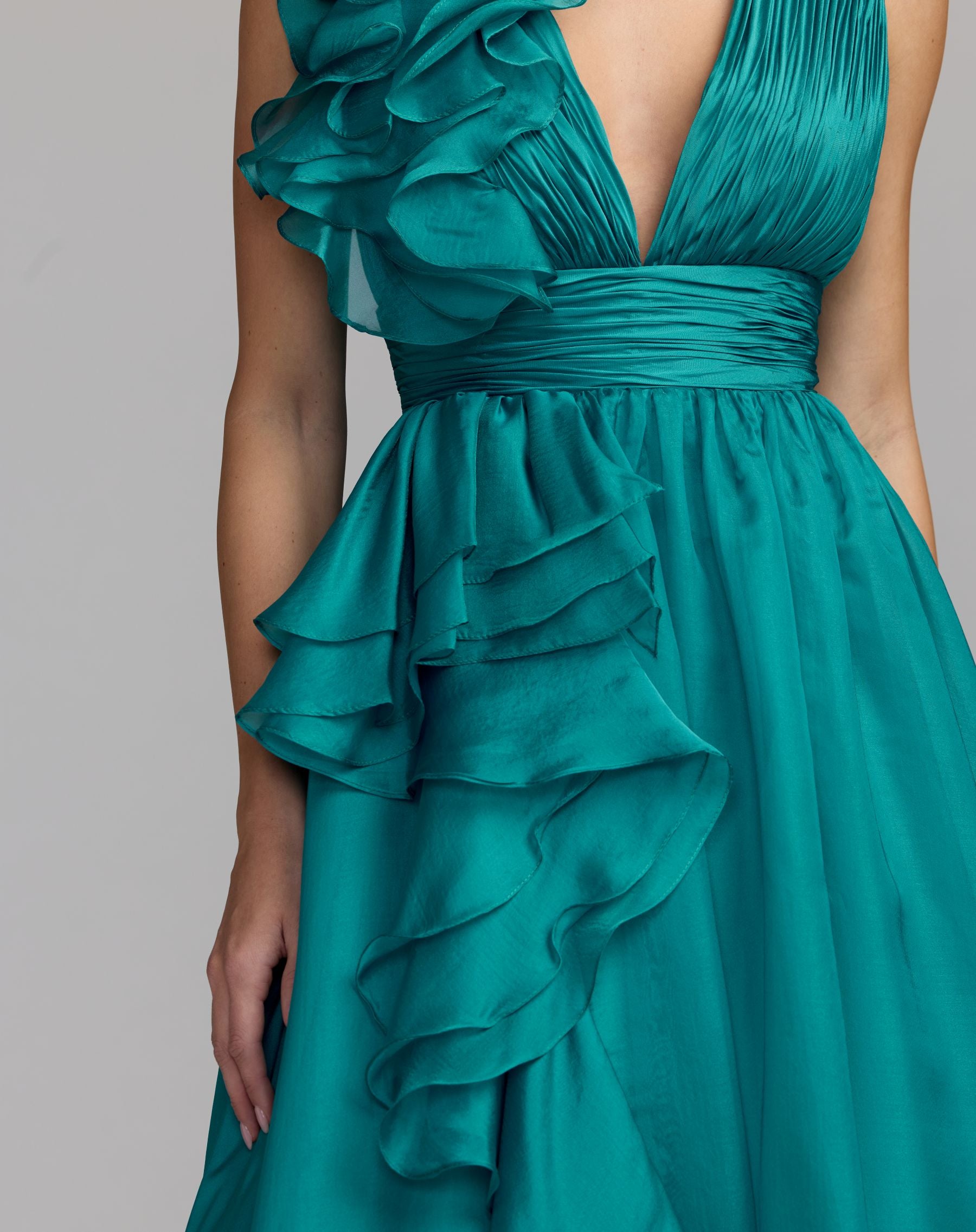 Teal Ruffle Shoulder V-Neck Chiffon Gown