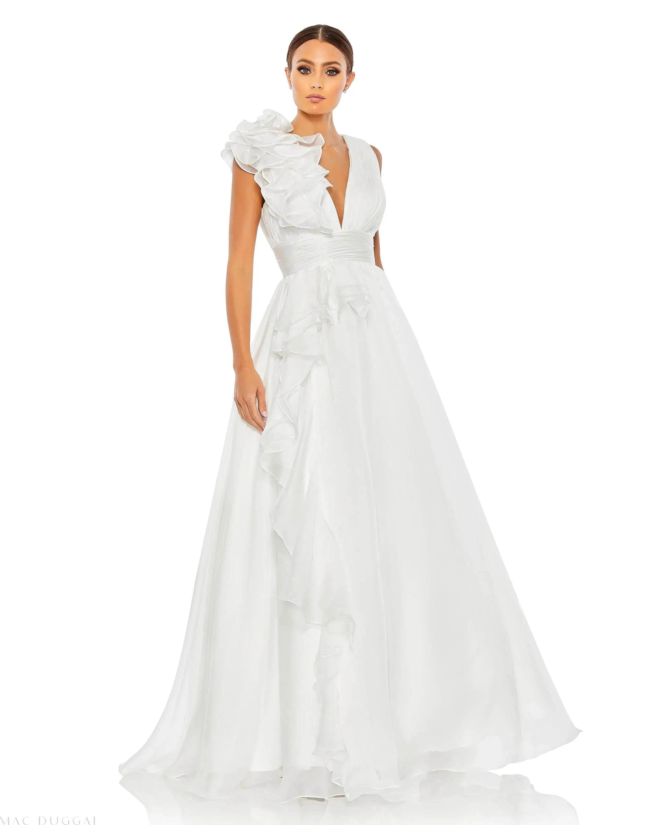 White Ruffle Shoulder V-Neck Chiffon Gown - Mac Duggal