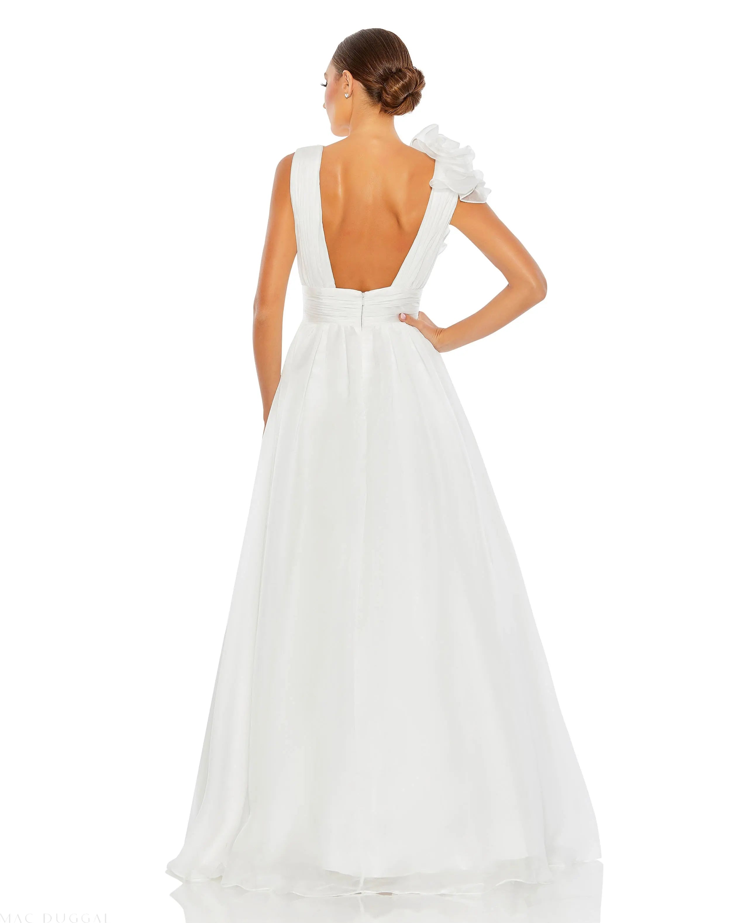 White Ruffle Shoulder V-Neck Chiffon Gown - Mac Duggal