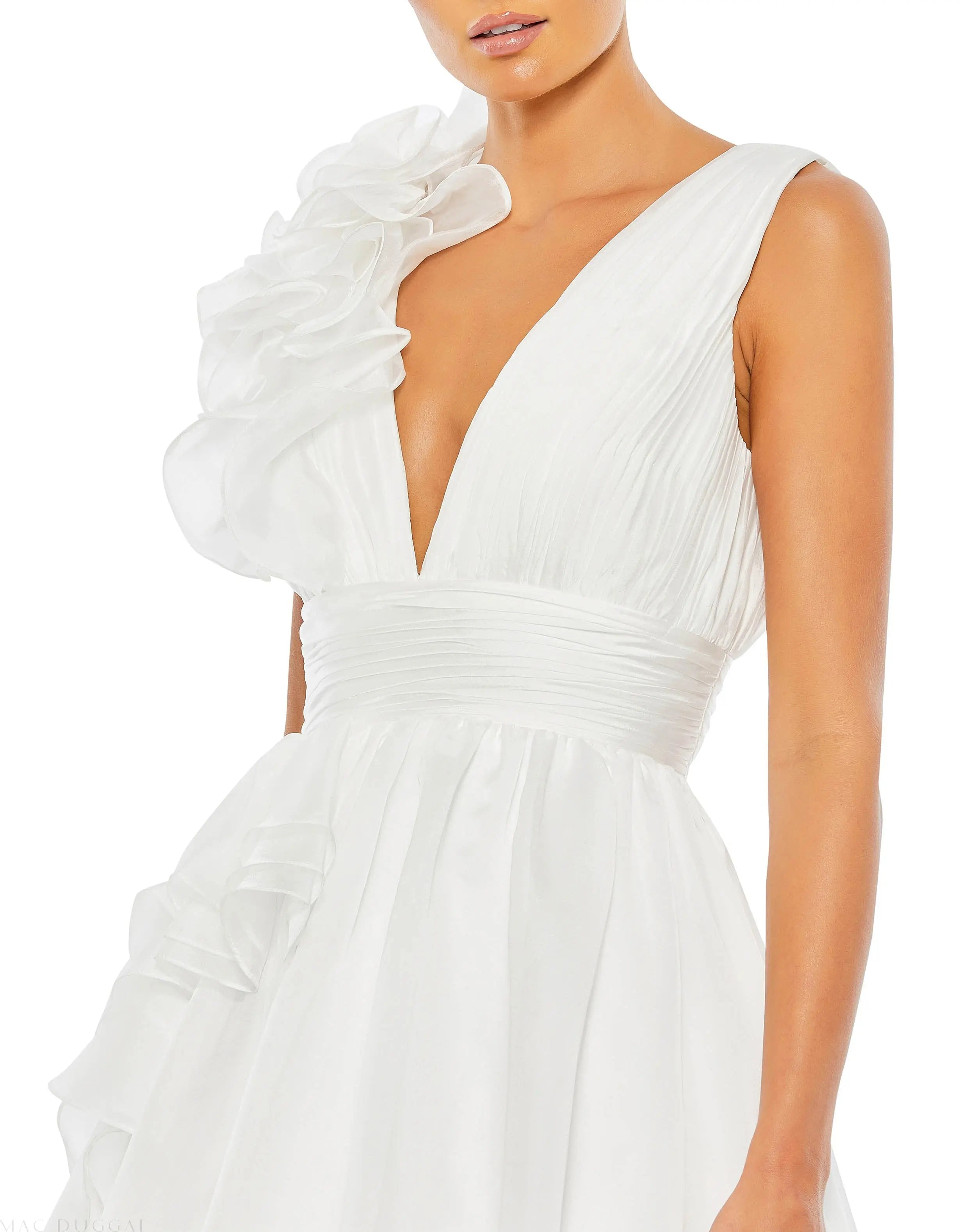 White Ruffle Shoulder V-Neck Chiffon Gown - Mac Duggal
