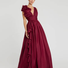 Ruffle Shoulder V-Neck Chiffon Gown