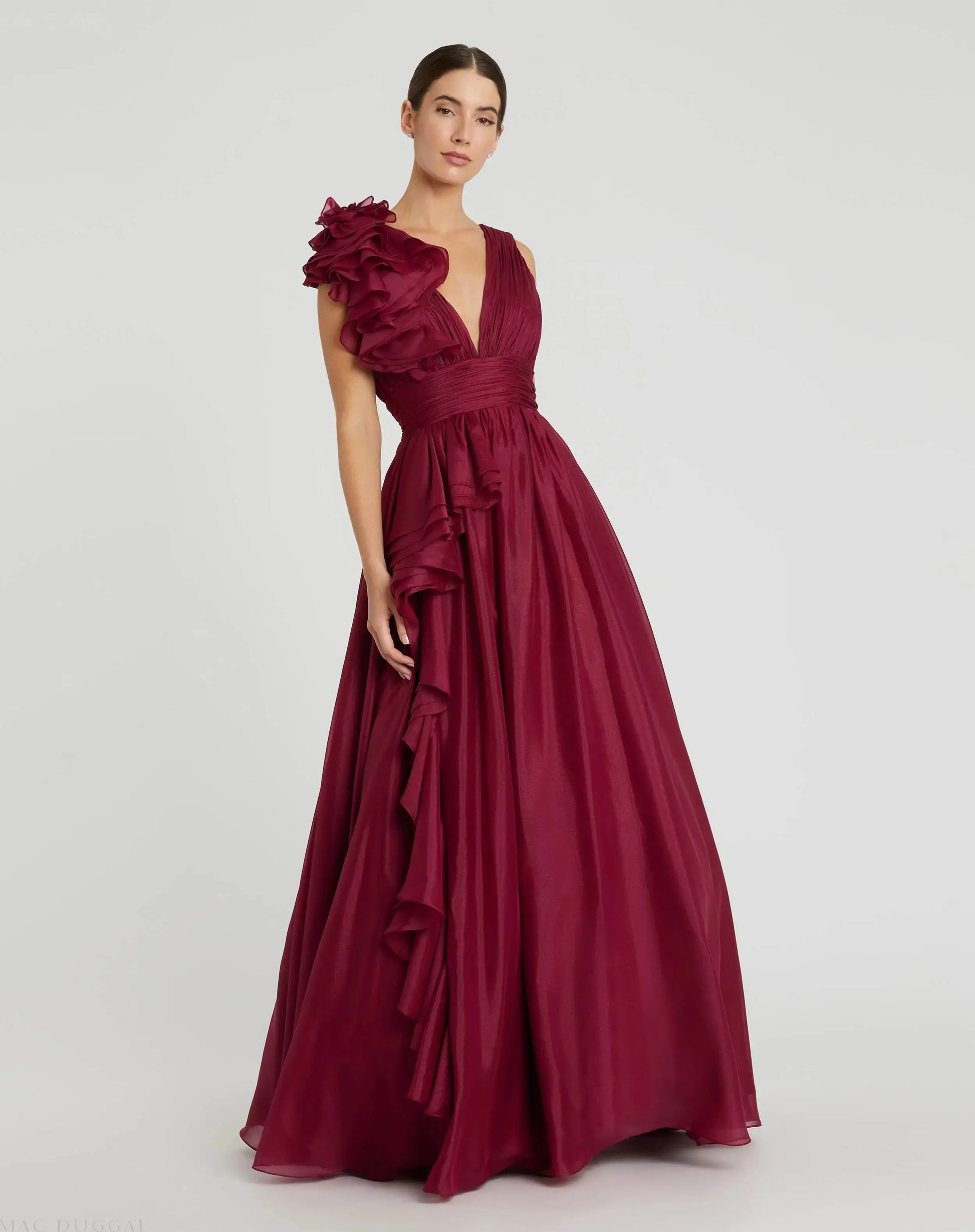 Burgundy Ruffle Shoulder V-Neck Chiffon Gown | Mac Duggal Burgundy Ruffle Shoulder V-Neck Chiffon Gown | Mac Duggal