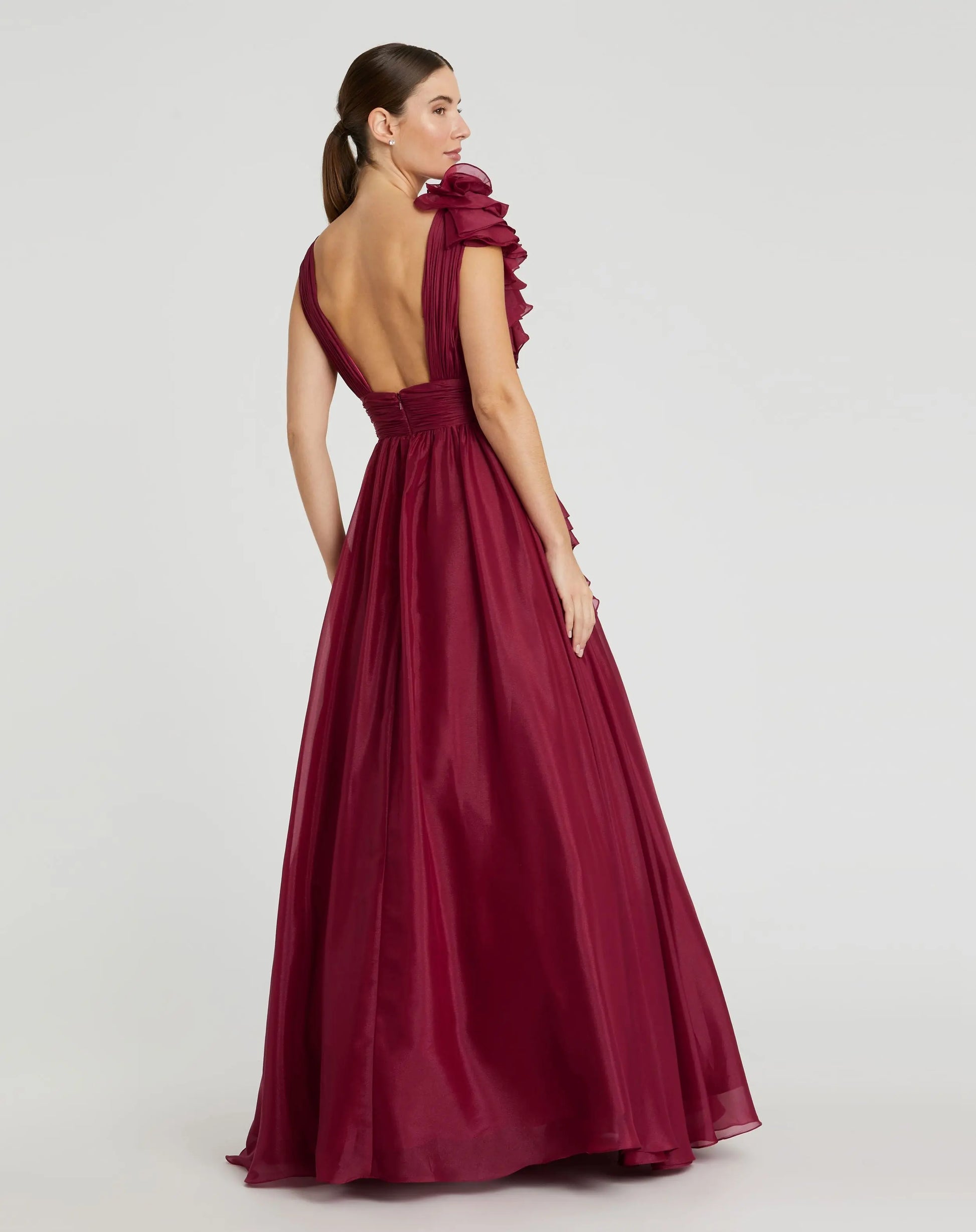 Burgundy Ruffle Shoulder V-Neck Chiffon Gown | Mac Duggal Burgundy Ruffle Shoulder V-Neck Chiffon Gown | Mac Duggal
