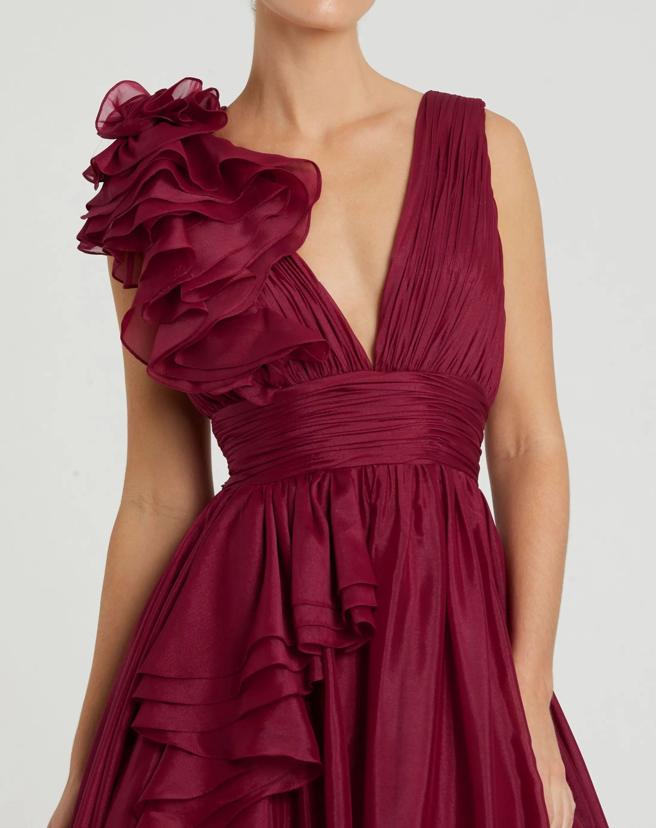 Dark Red Ruffle Shoulder V-Neck Chiffon Gown - Mac Duggal