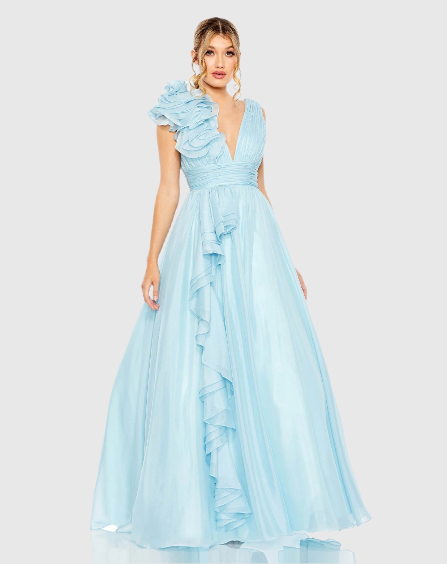 Ruffle Shoulder V-Neck Chiffon Gown