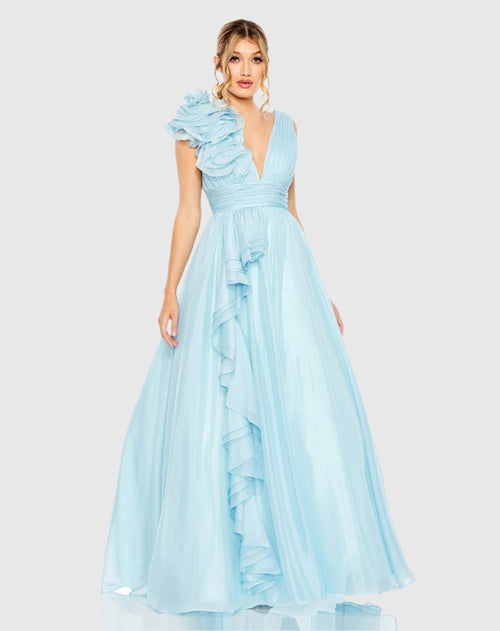 Ruffle Shoulder V-Neck Chiffon Gown