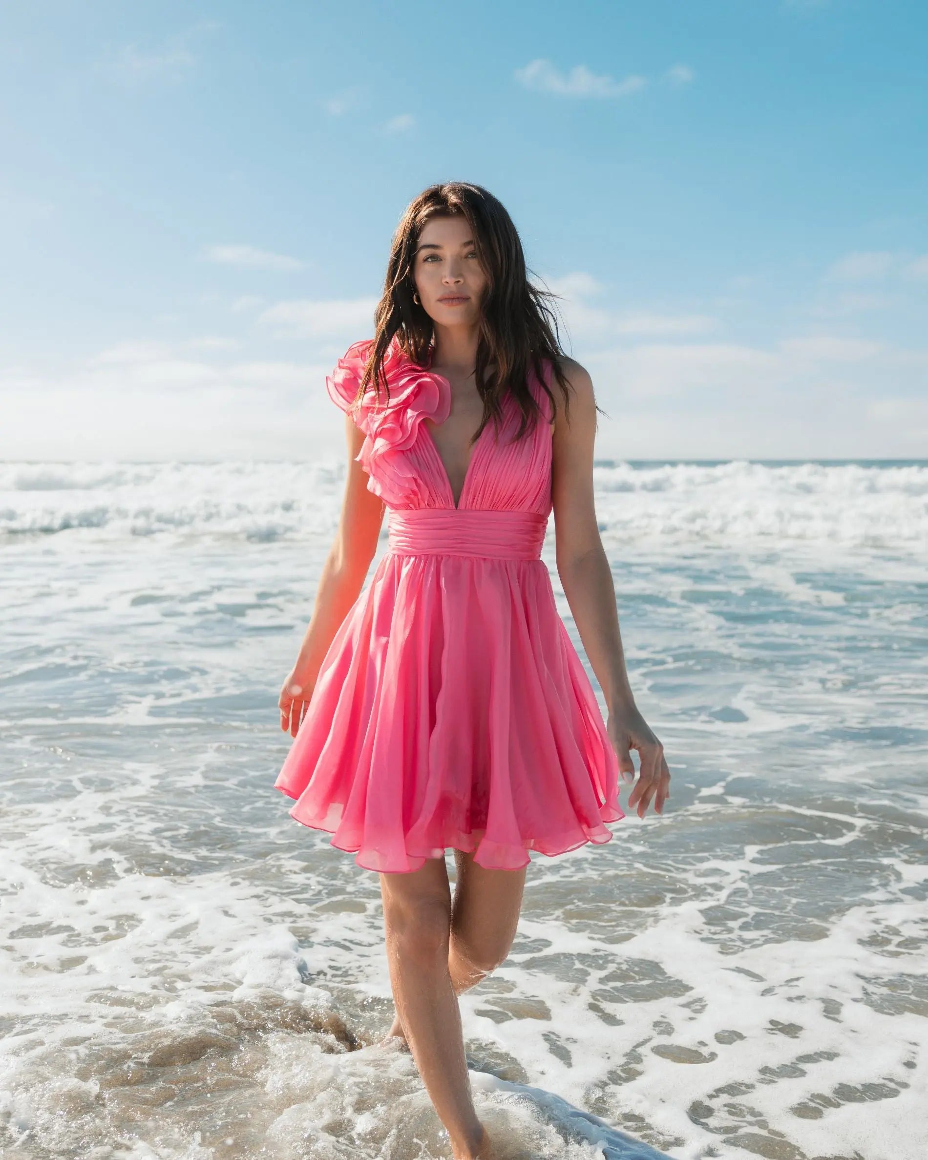 Pink Ruffle V Neck Fit & Flare Mini Dress | Mac Duggal Pink Ruffle V Neck Fit & Flare Mini Dress | Mac Duggal