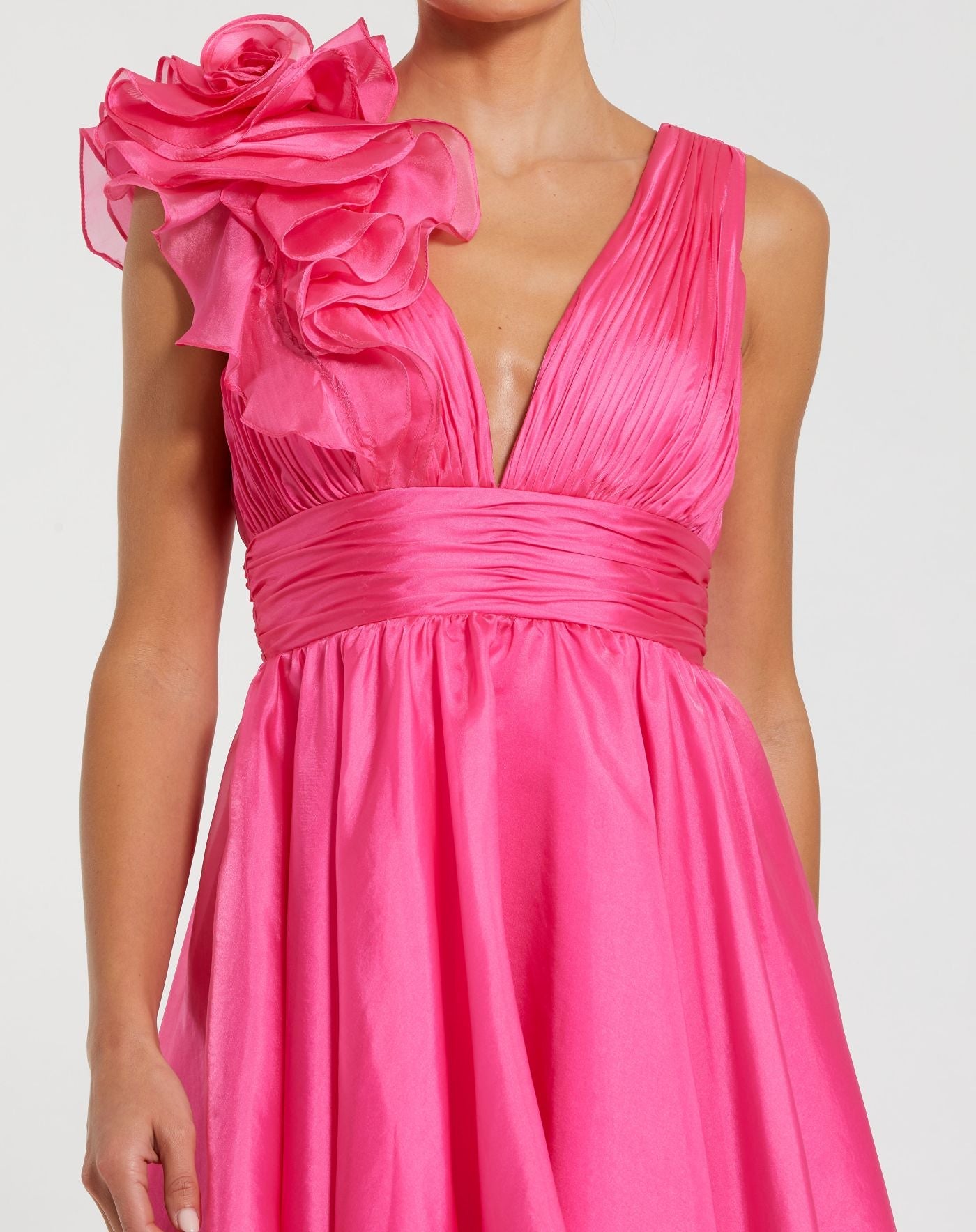Pink Ruffle V Neck Fit & Flare Mini Dress | Mac Duggal Pink Ruffle V Neck Fit & Flare Mini Dress | Mac Duggal