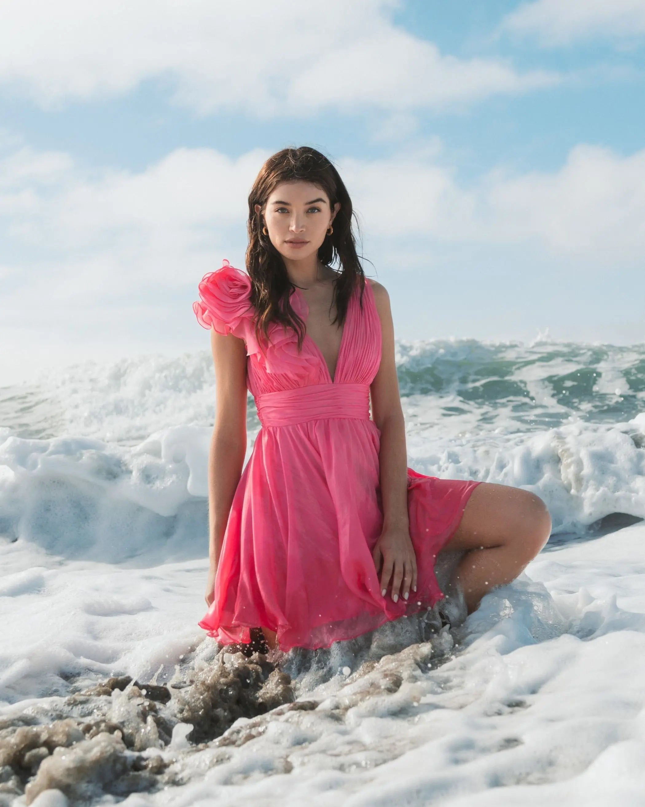 Pink Ruffle V Neck Fit & Flare Mini Dress - Ieena for Mac Duggal