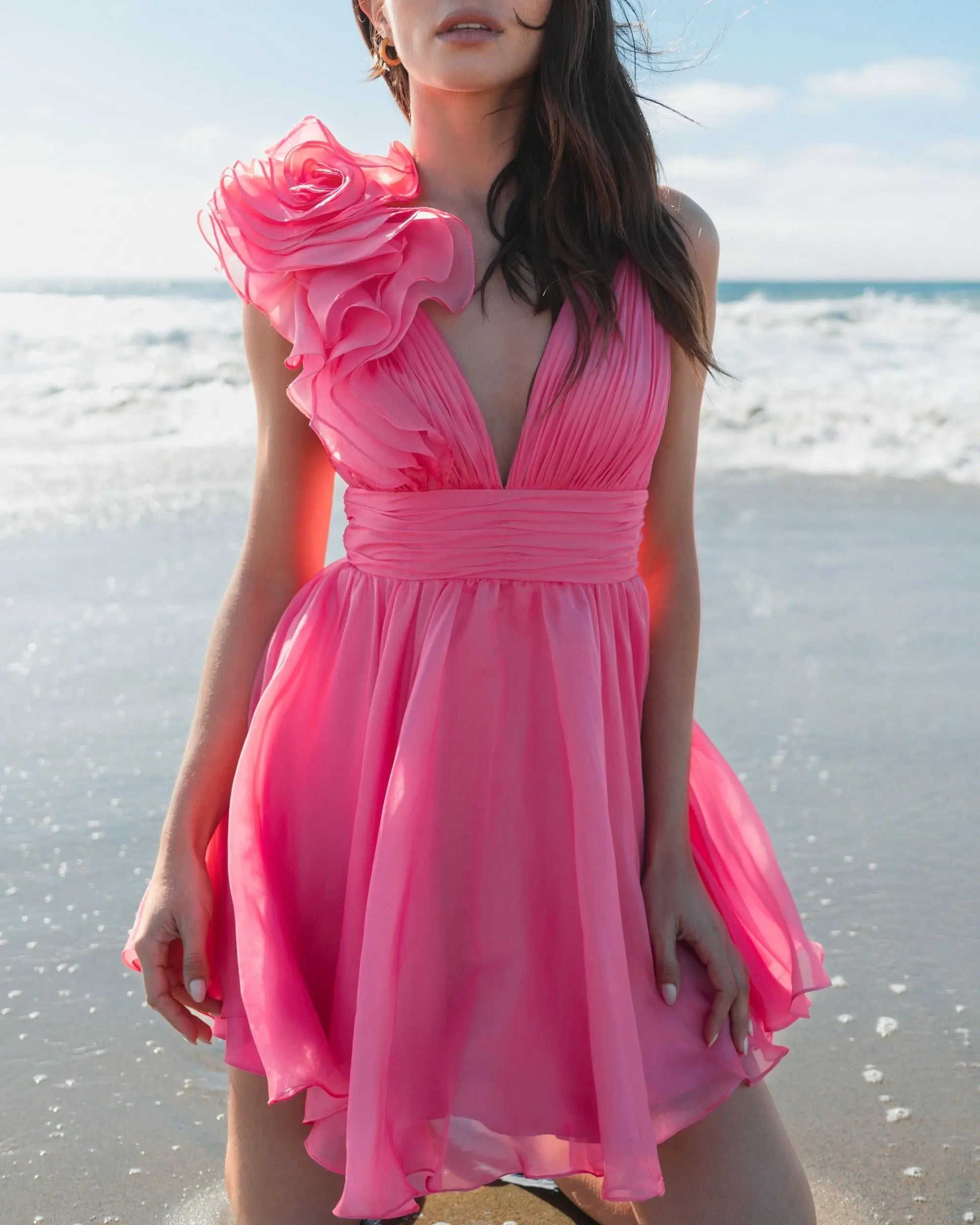 Pink Ruffle V Neck Fit & Flare Mini Dress - Ieena for Mac Duggal