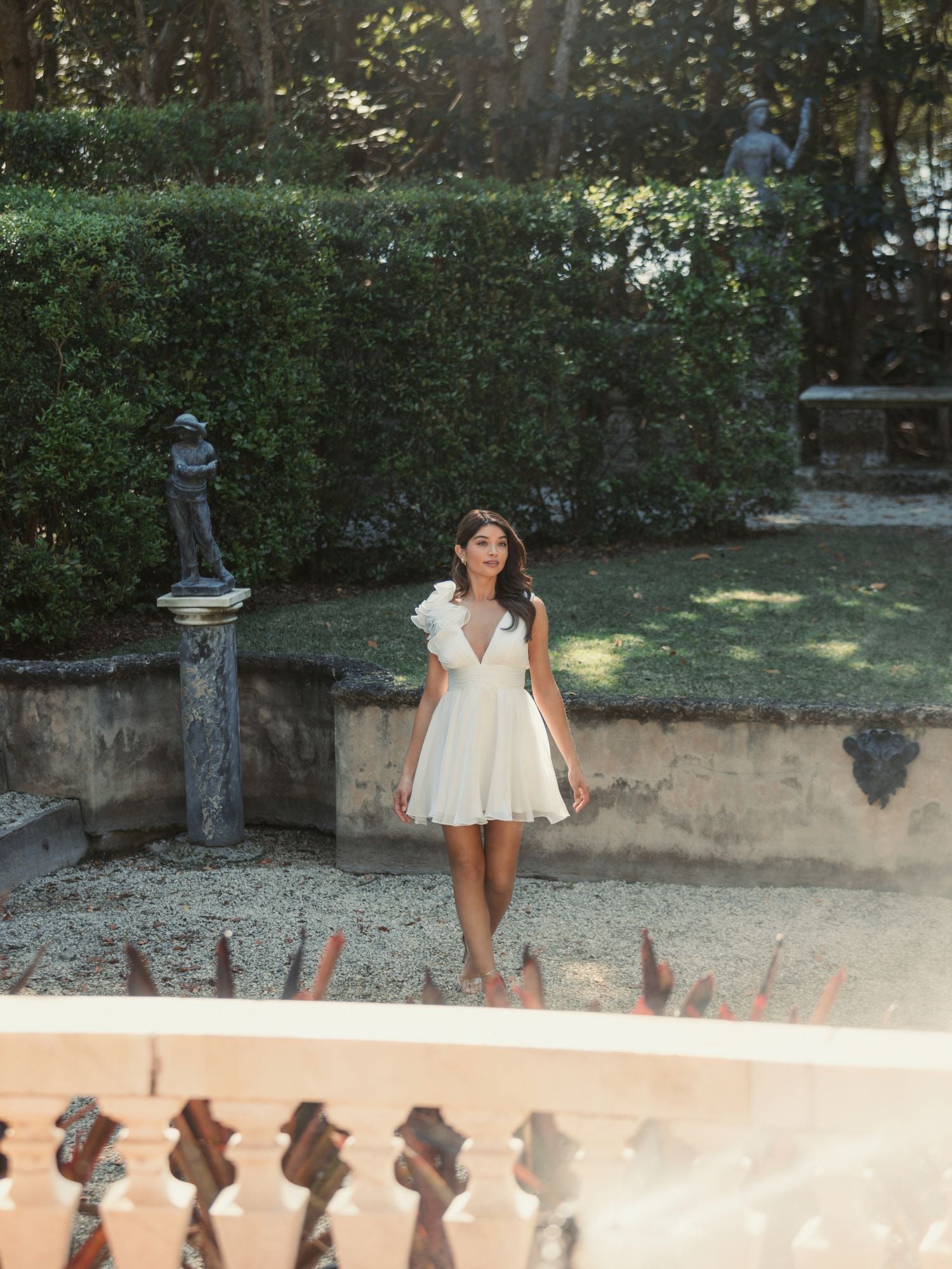 White Ruffle V Neck Fit & Flare Mini Dress - Ieena for Mac Duggal