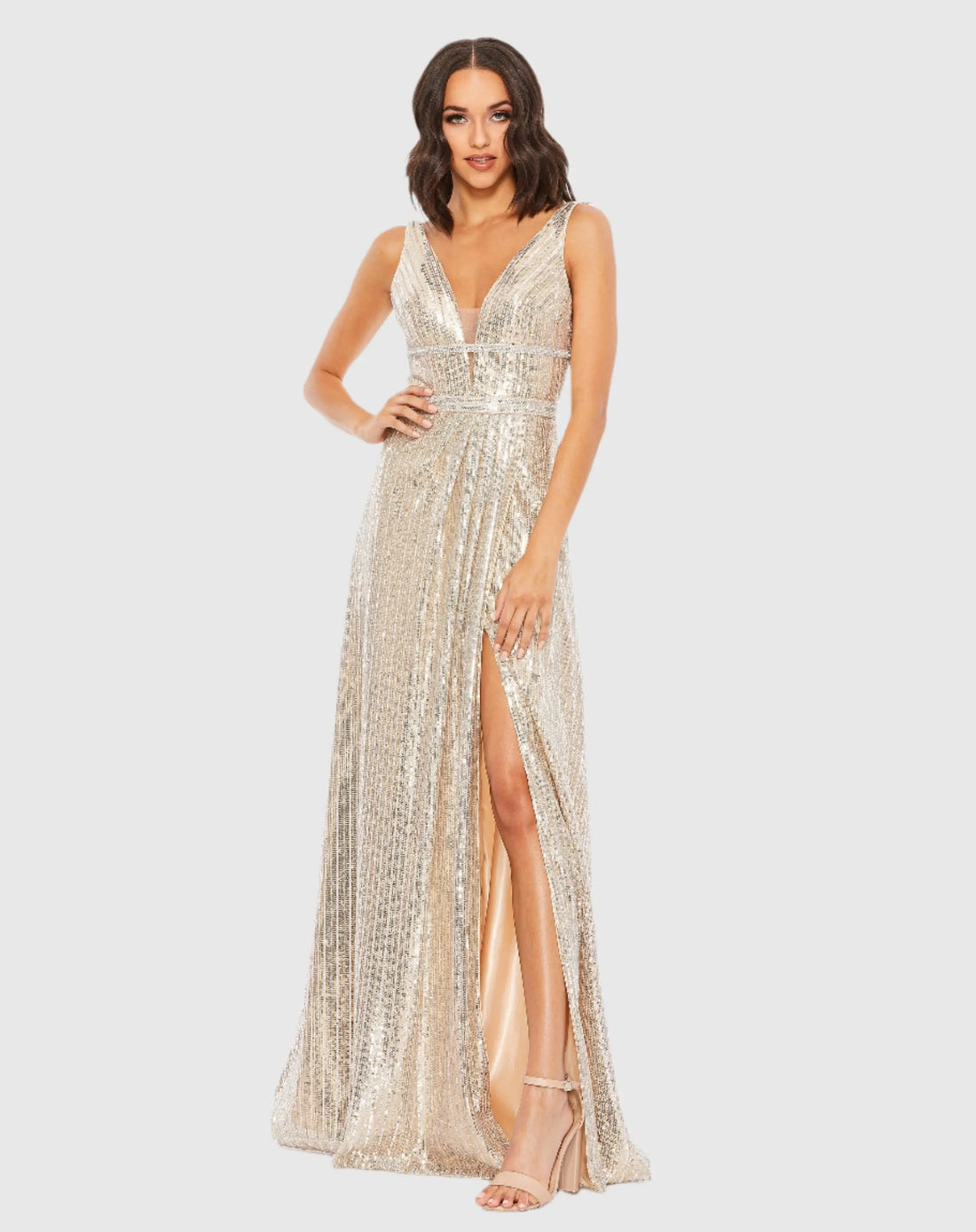Metallic Sequined Plunge Neck Gown - Mac Duggal
