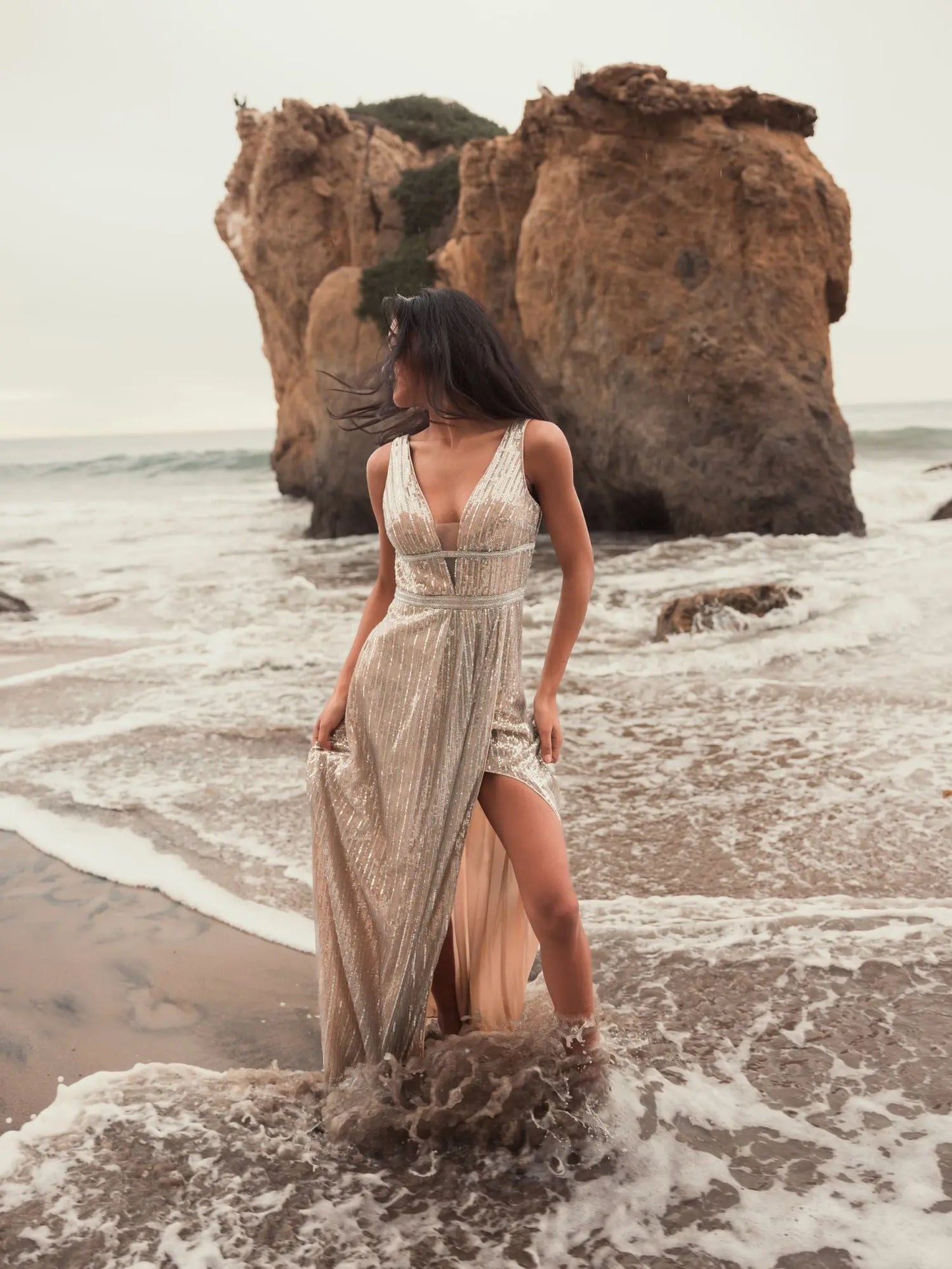 Metallic Sequined Plunge Neck Gown - Mac Duggal