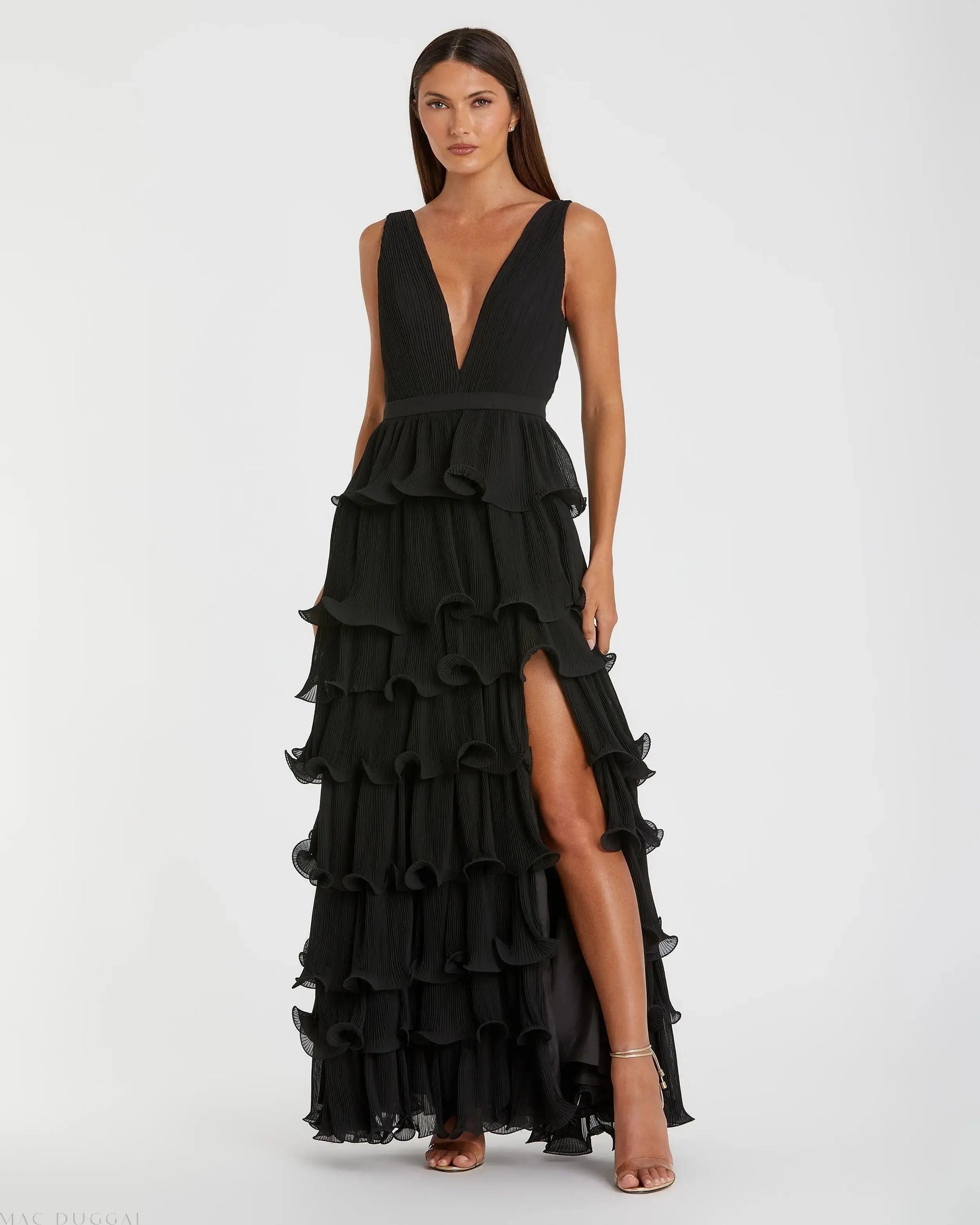 Sleeveless Ruffle Tiered V Neck Gown - Mac Duggal Sleeveless Ruffle Tiered V Neck Gown - Mac Duggal