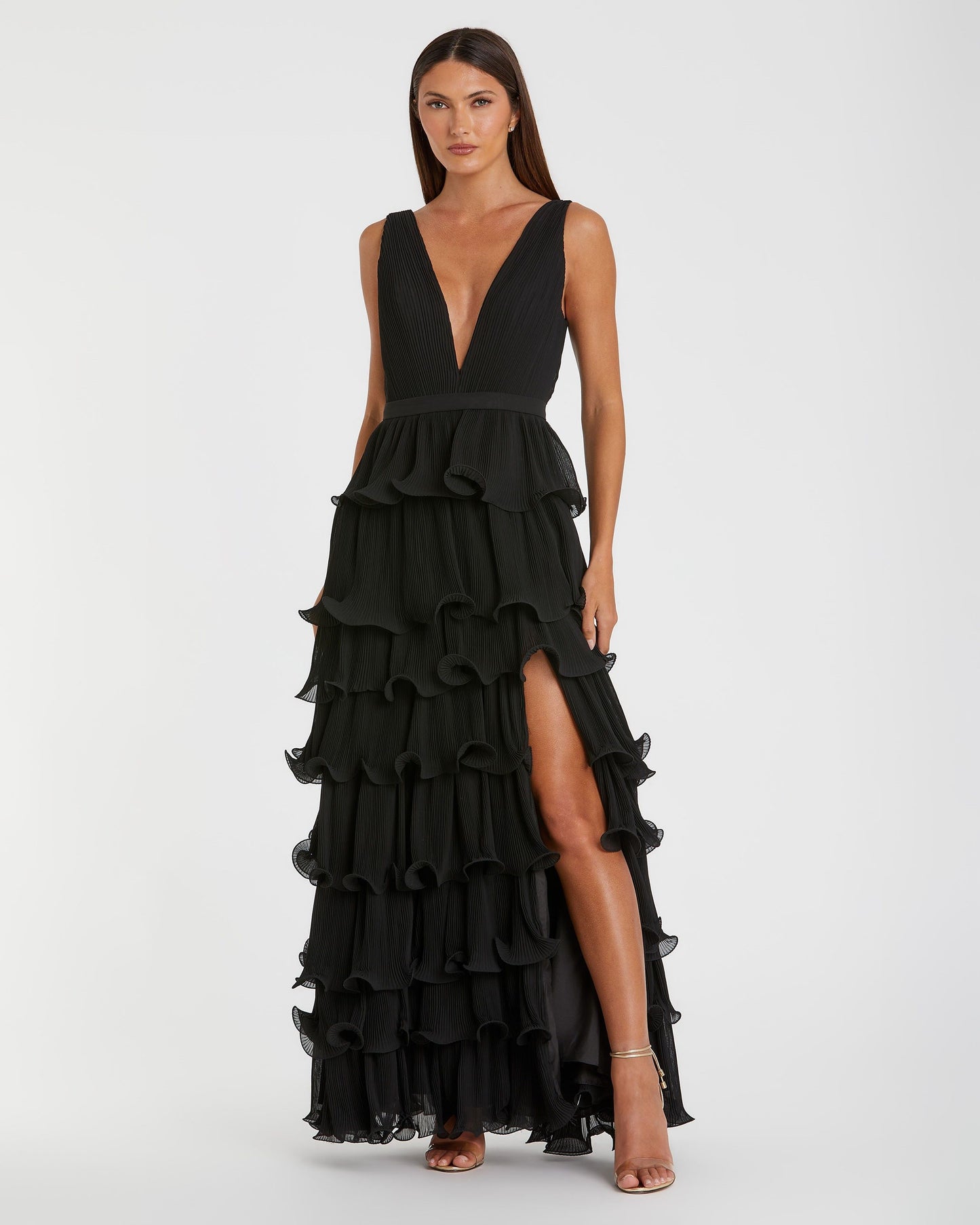 Sleeveless Ruffle Tiered V Neck Gown