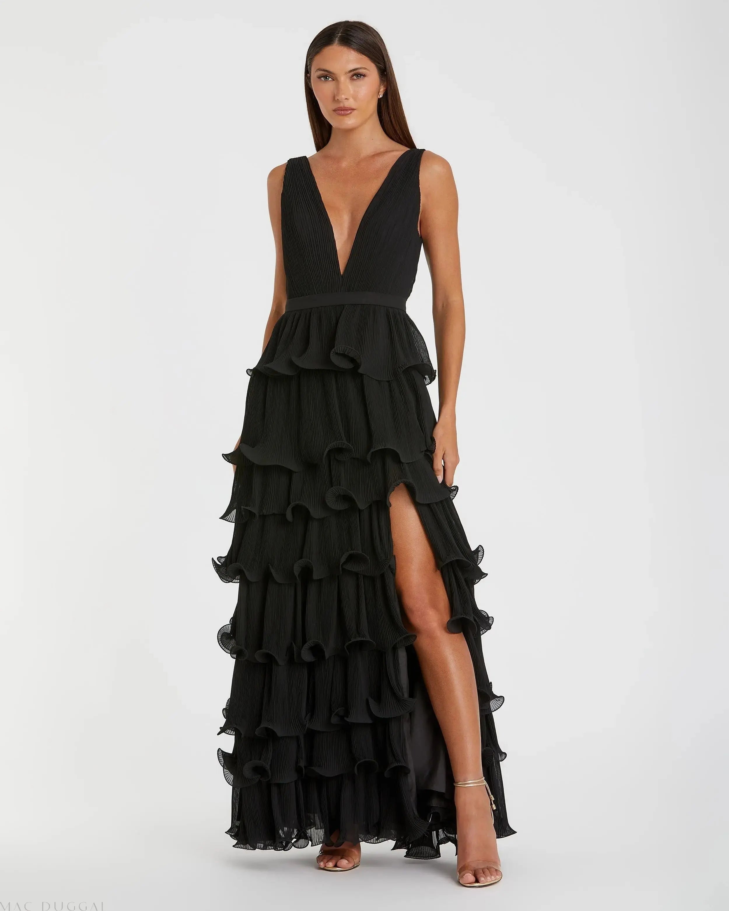 Black Sleeveless Ruffle Tiered V Neck Gown - Ieena for Mac Duggal