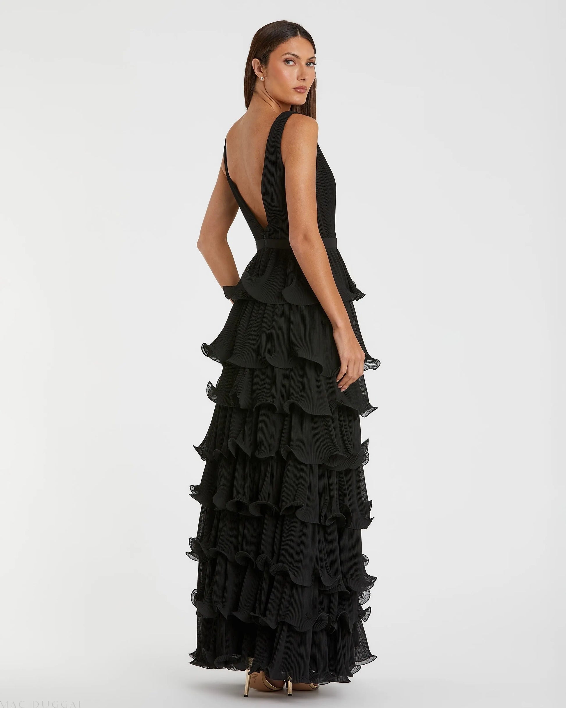 Black Sleeveless Ruffle Tiered V Neck Gown | Mac Duggal Black Sleeveless Ruffle Tiered V Neck Gown | Mac Duggal