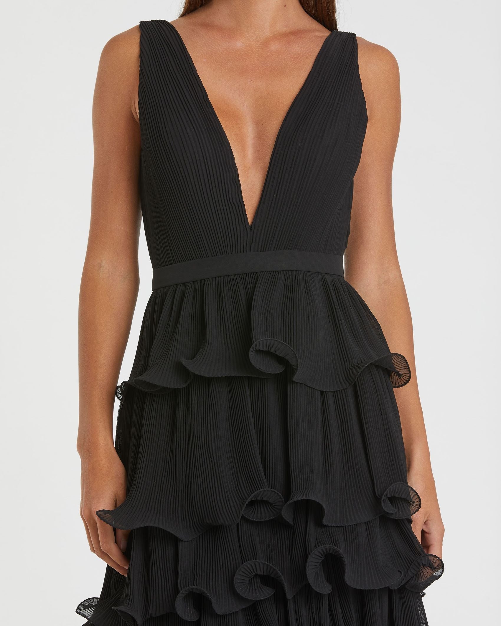 Sleeveless Ruffle Tiered V Neck Gown