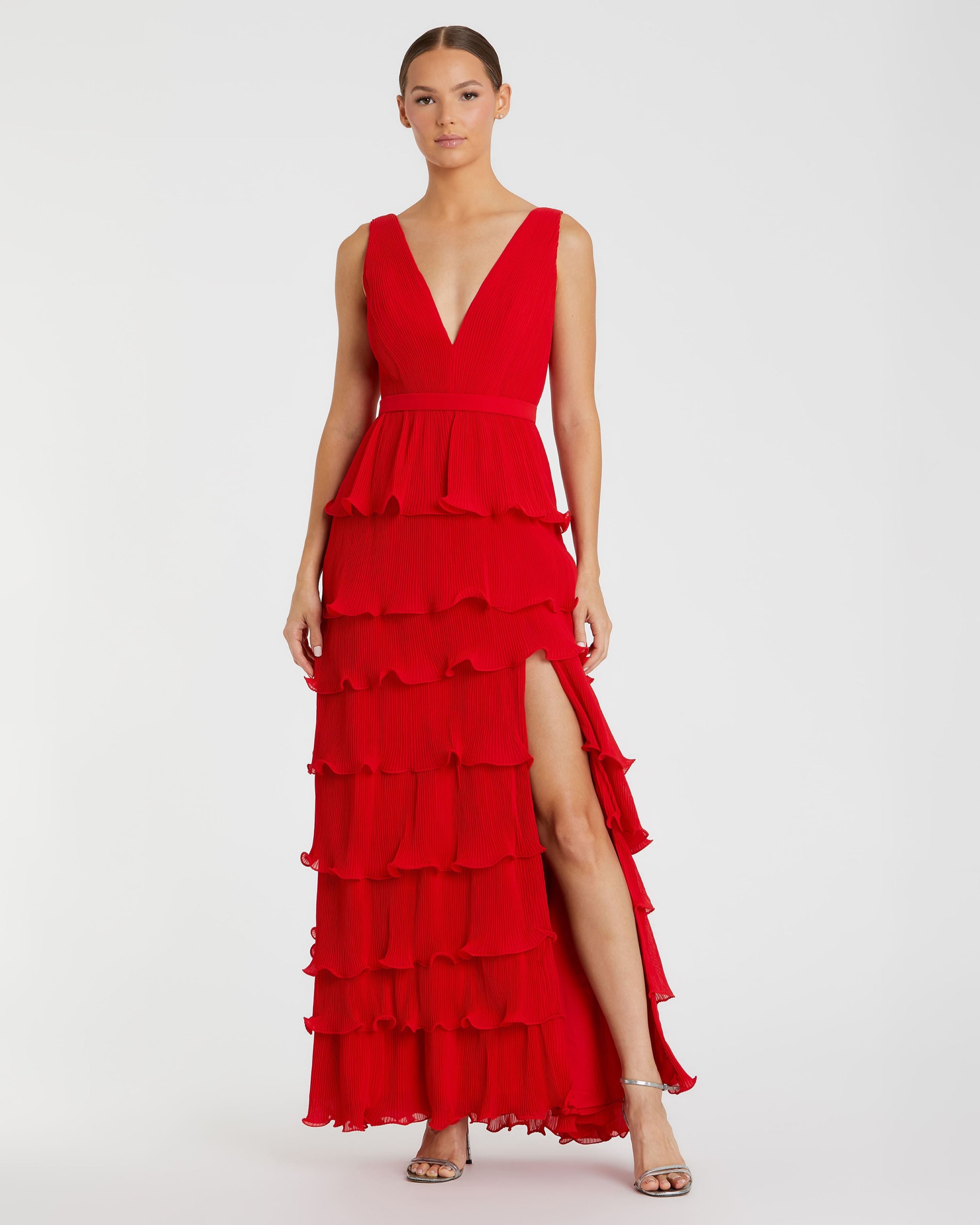 Sleeveless Ruffle Tiered V Neck Gown