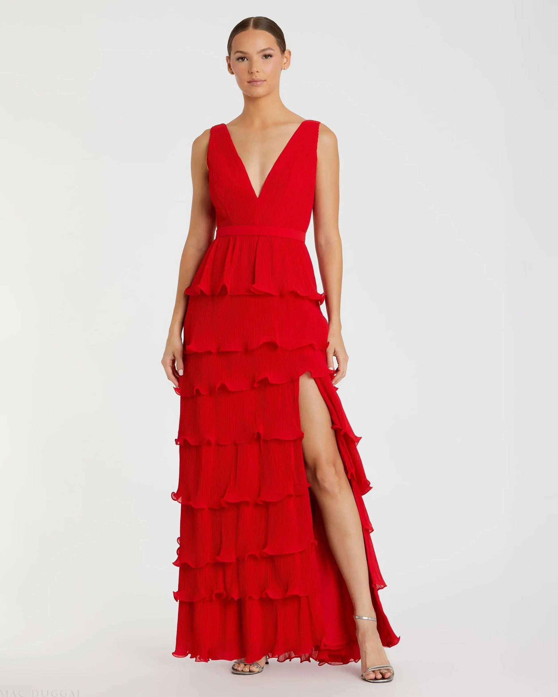 Ieena for Mac Duggal - Red Sleeveless Ruffle Tiered V Neck Gown - US 8 Ieena for Mac Duggal - Red Sleeveless Ruffle Tiered V Neck Gown - US 8