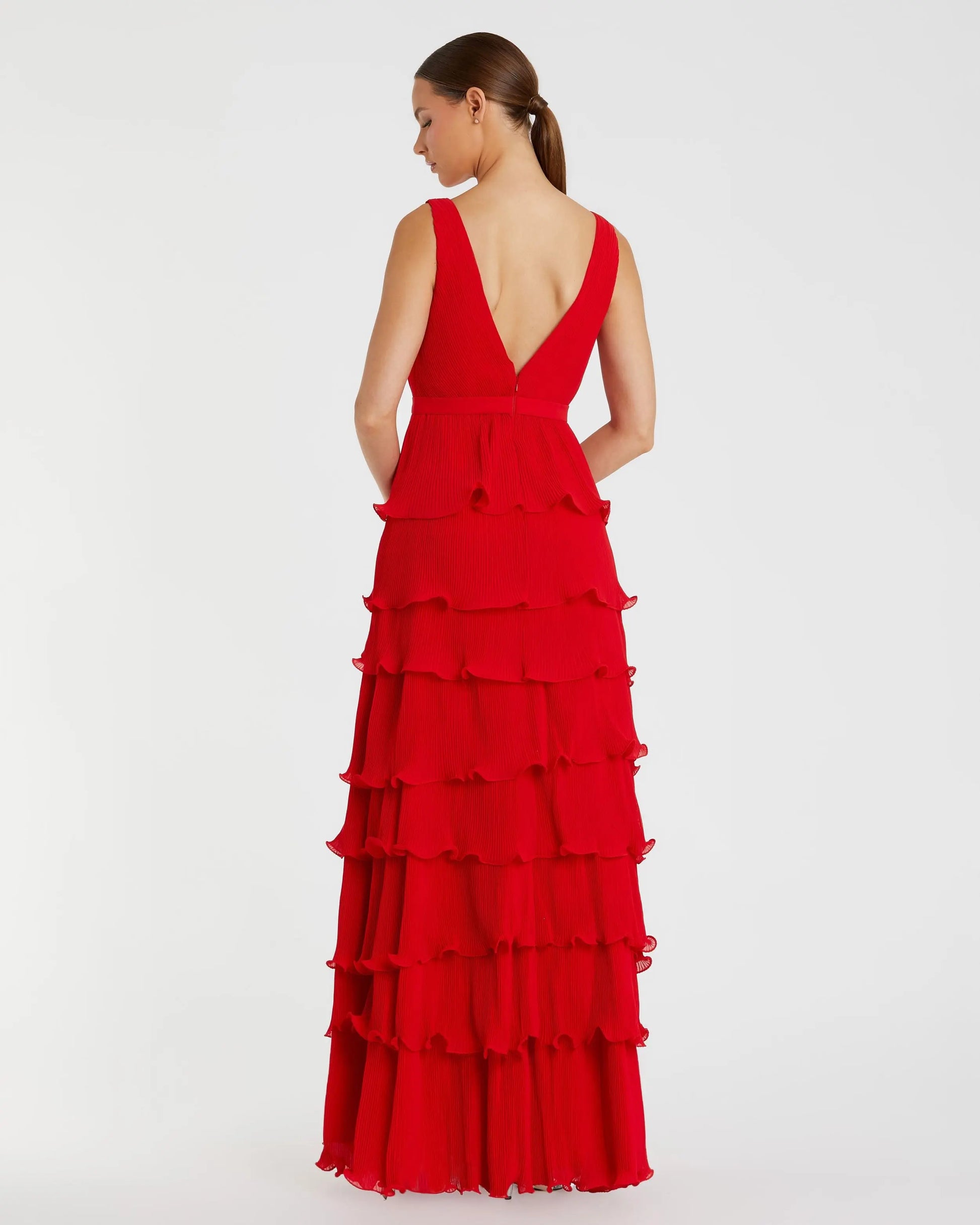 Red Sleeveless Ruffle Tiered V Neck Gown - Mac Duggal Red Sleeveless Ruffle Tiered V Neck Gown - Mac Duggal