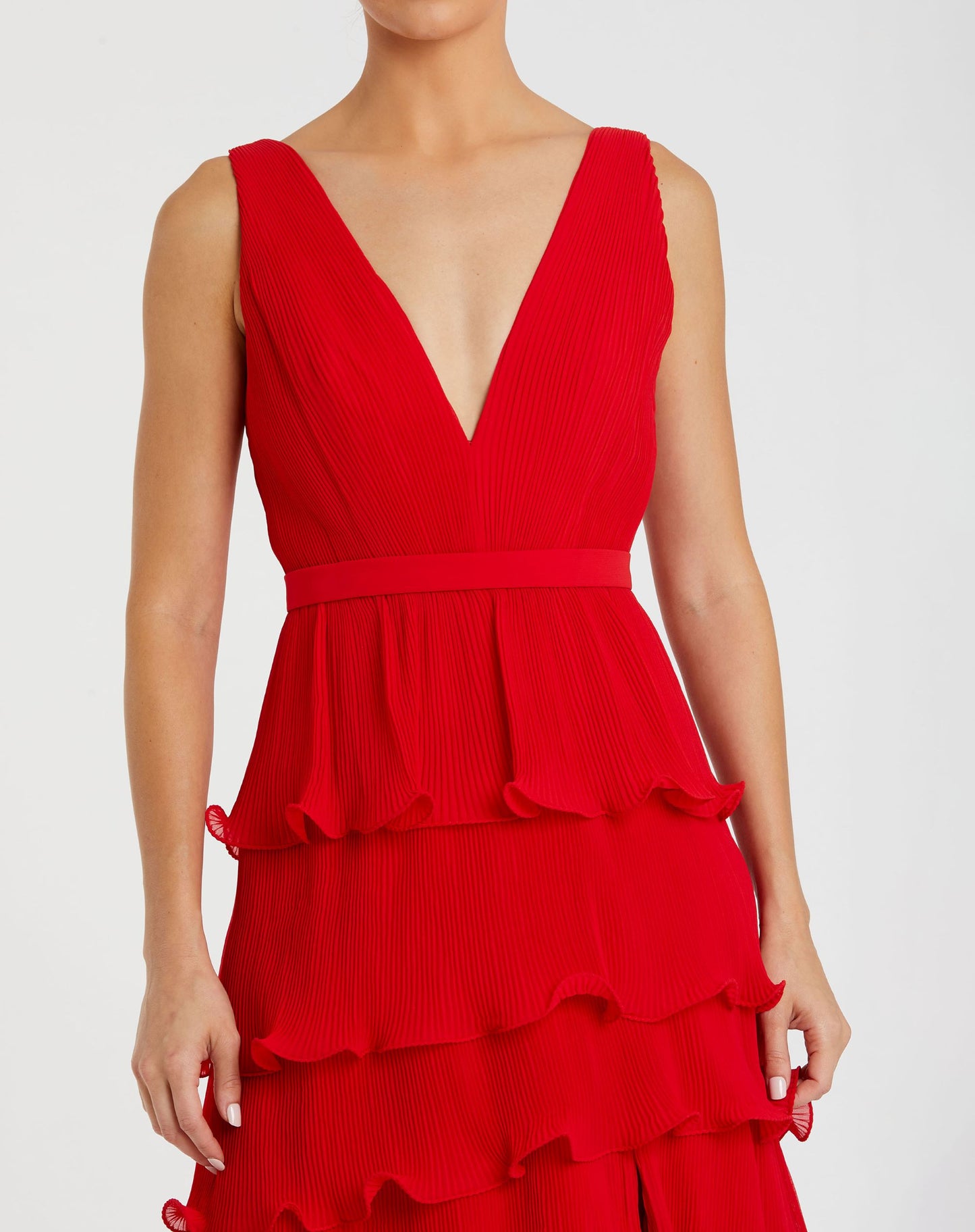 Sleeveless Ruffle Tiered V Neck Gown