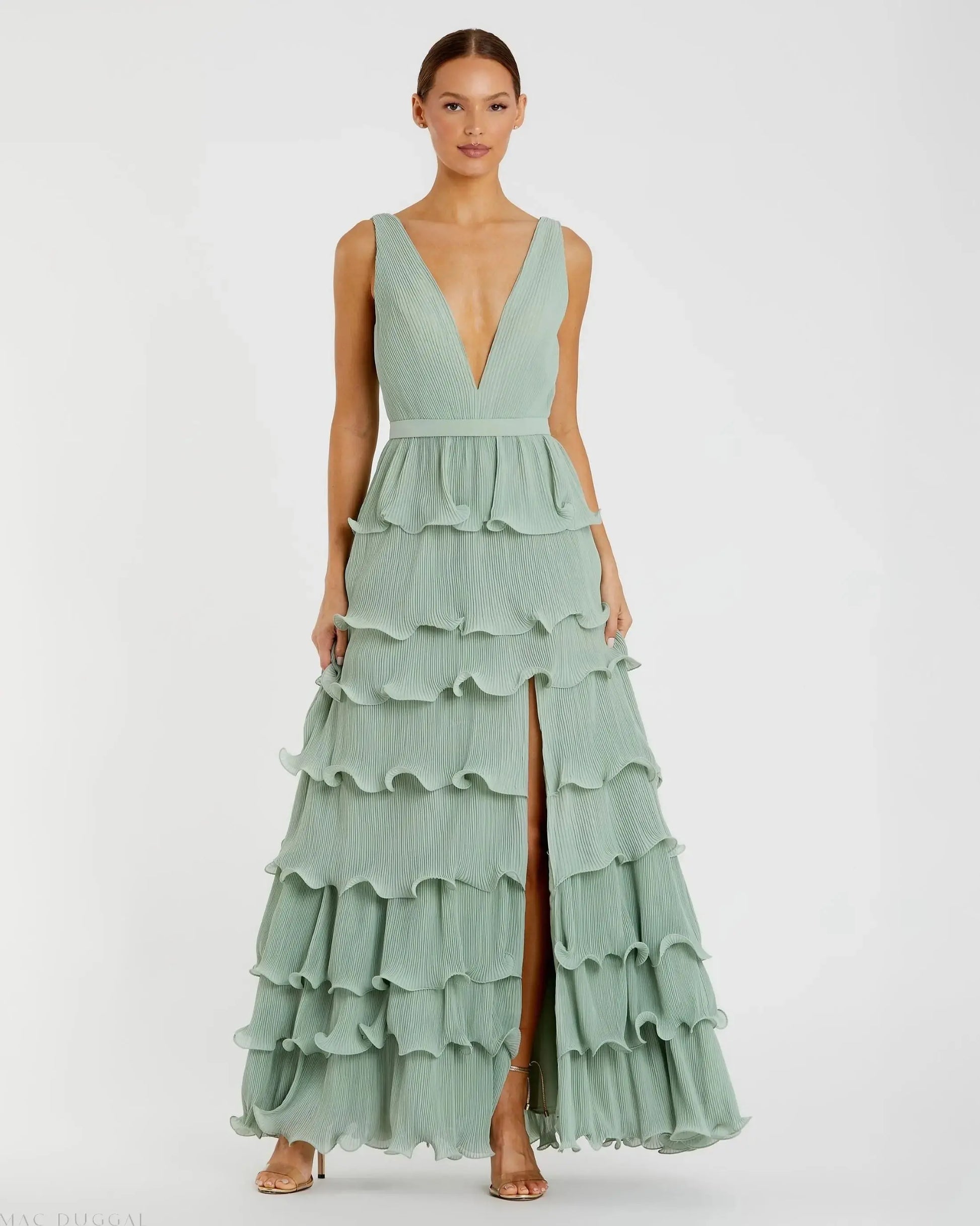 Green Sleeveless Ruffle Tiered V Neck Gown - Mac Duggal Green Sleeveless Ruffle Tiered V Neck Gown - Mac Duggal