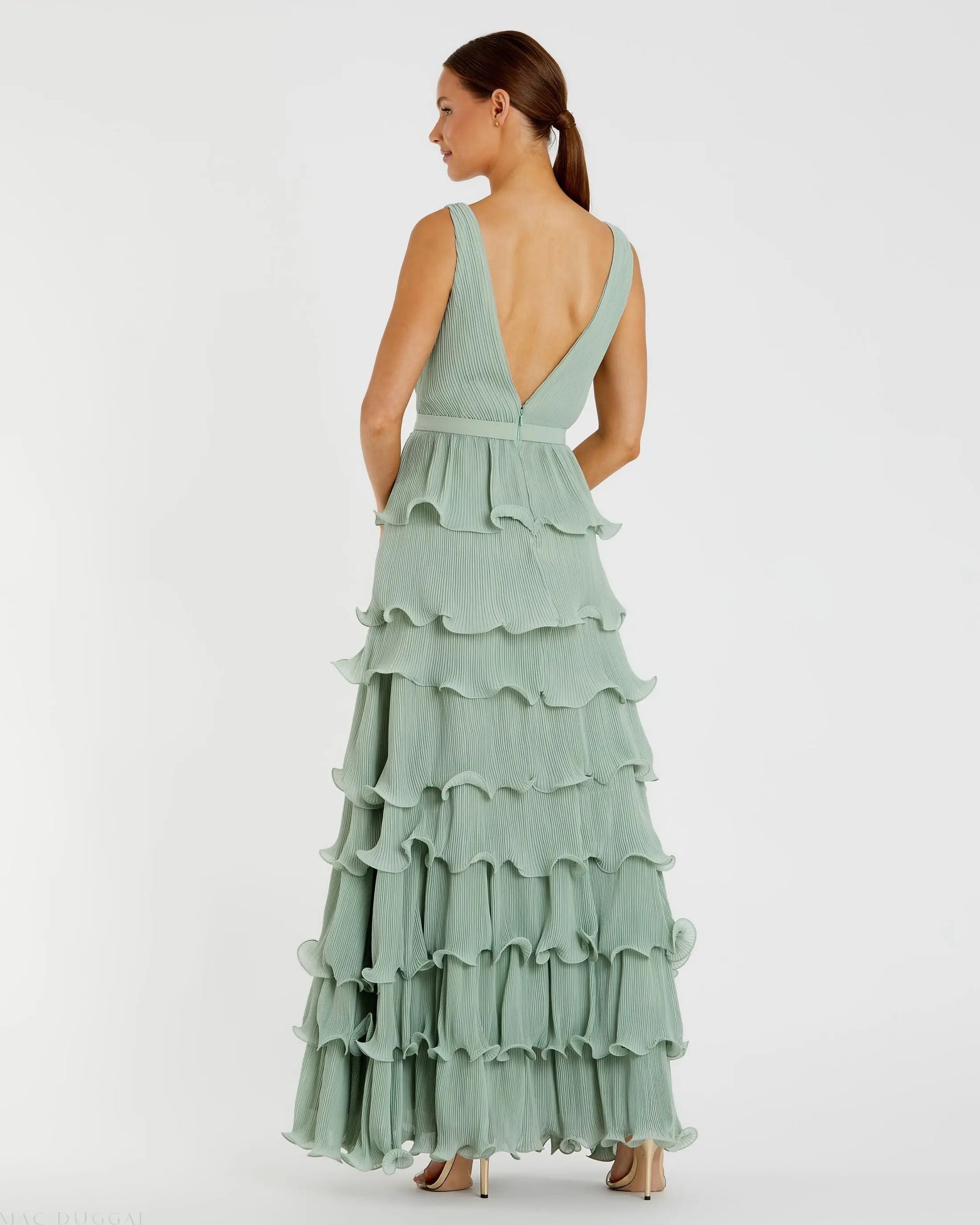 Green Sleeveless Ruffle Tiered V Neck Gown - Mac Duggal Green Sleeveless Ruffle Tiered V Neck Gown - Mac Duggal