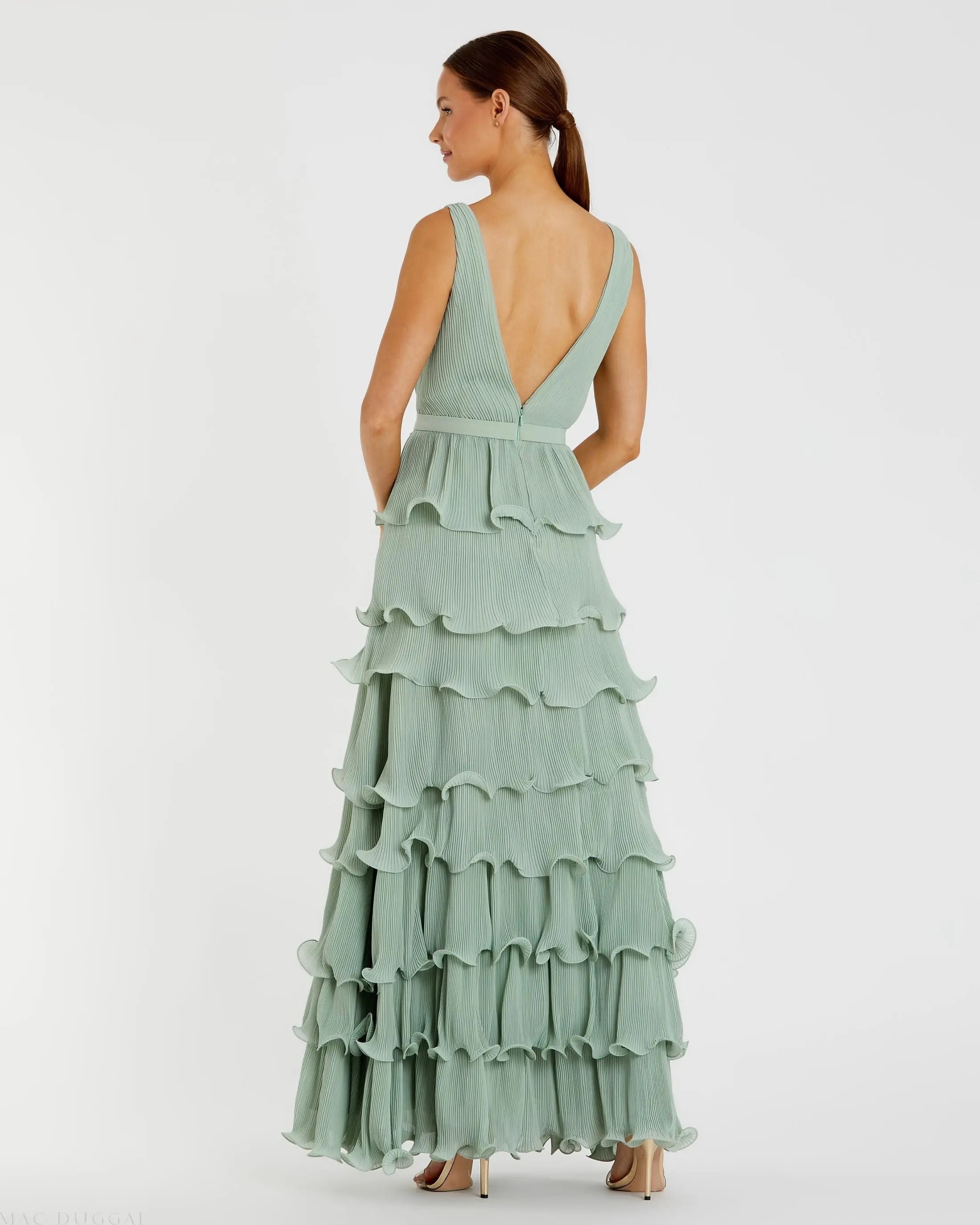 Green Sleeveless Ruffle Tiered V Neck Gown - Mac Duggal