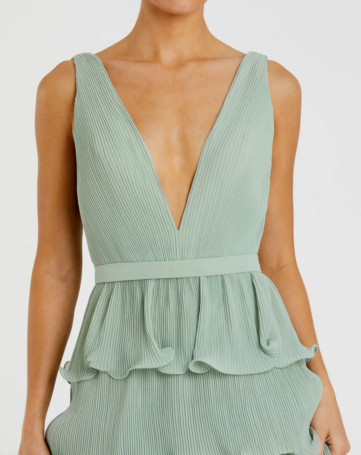 Green Sleeveless Ruffle Tiered V Neck Gown - Mac Duggal