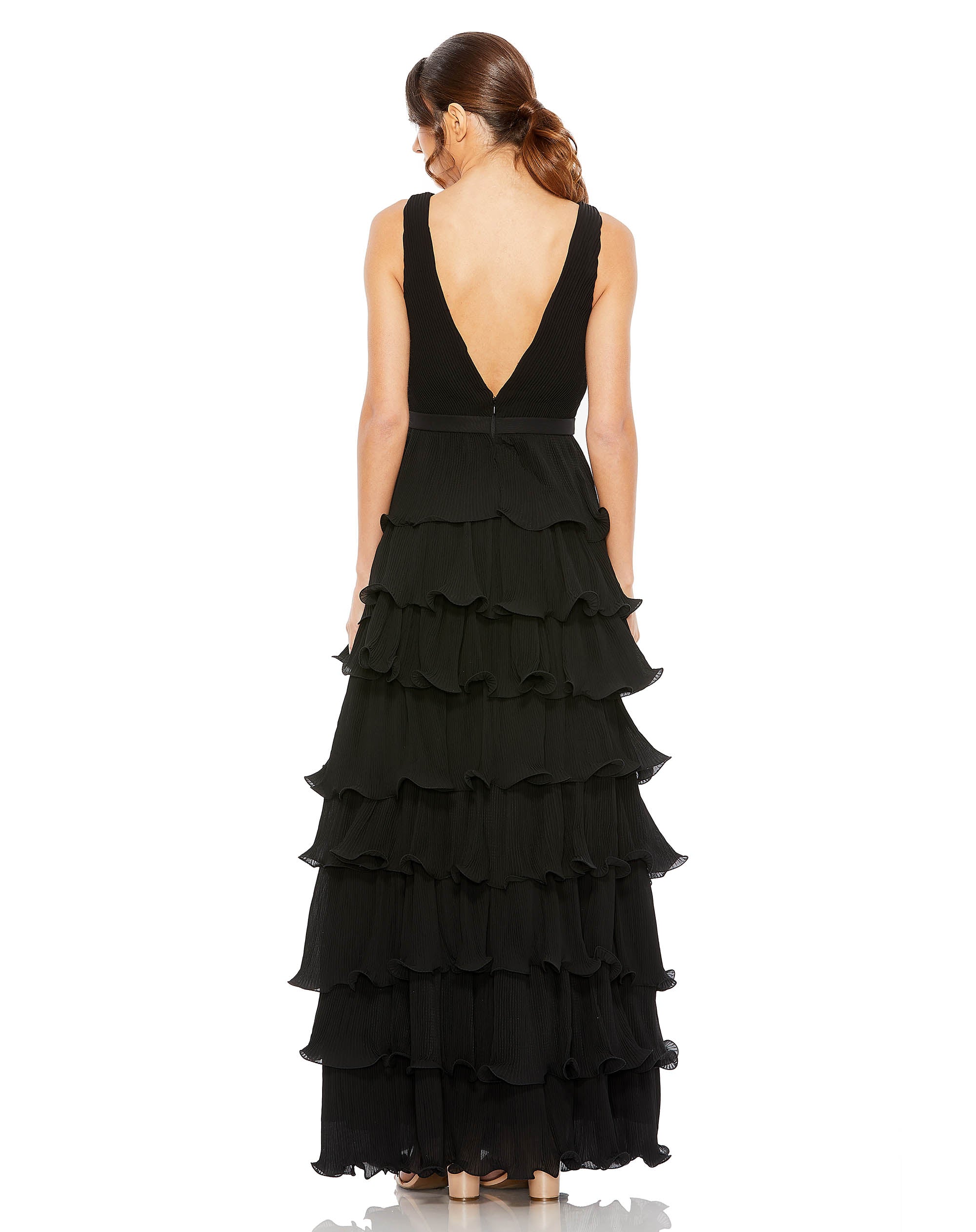 Sleeveless Ruffle Tiered V Neck Gown