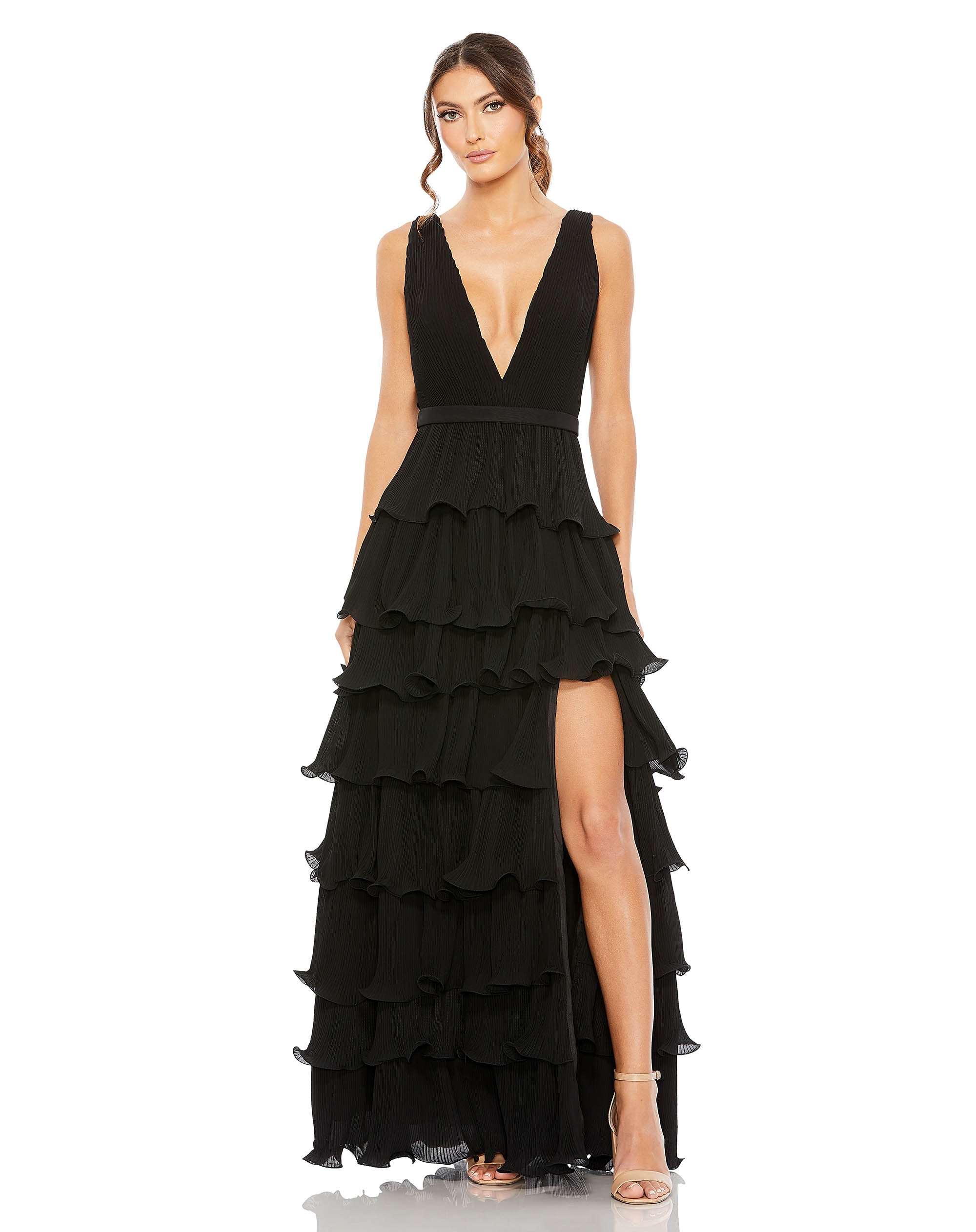 Sleeveless Ruffle Tiered V Neck Gown