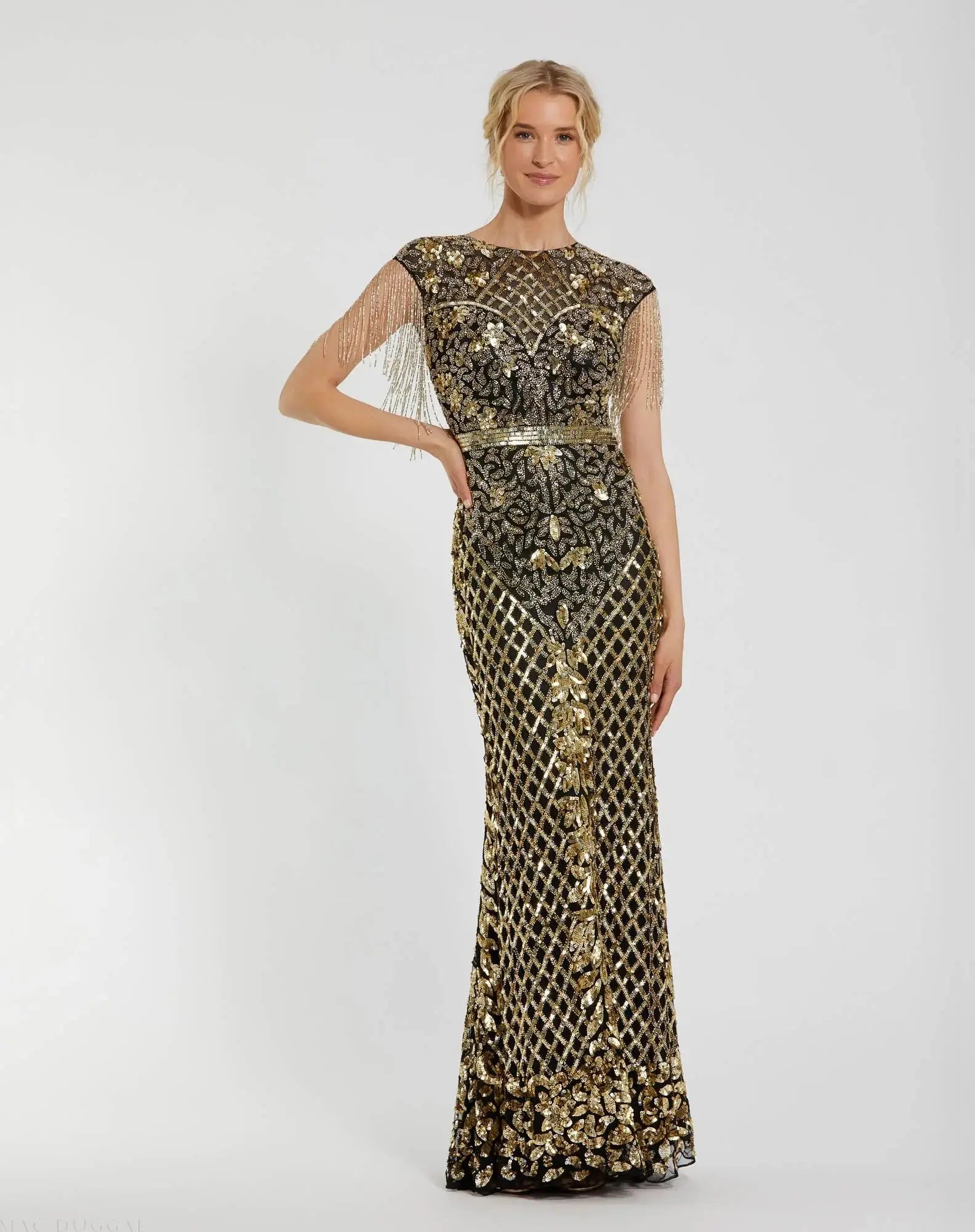 Black High Neck Sleeveless Beaded Fringe Fitted Gown - Mac Duggal