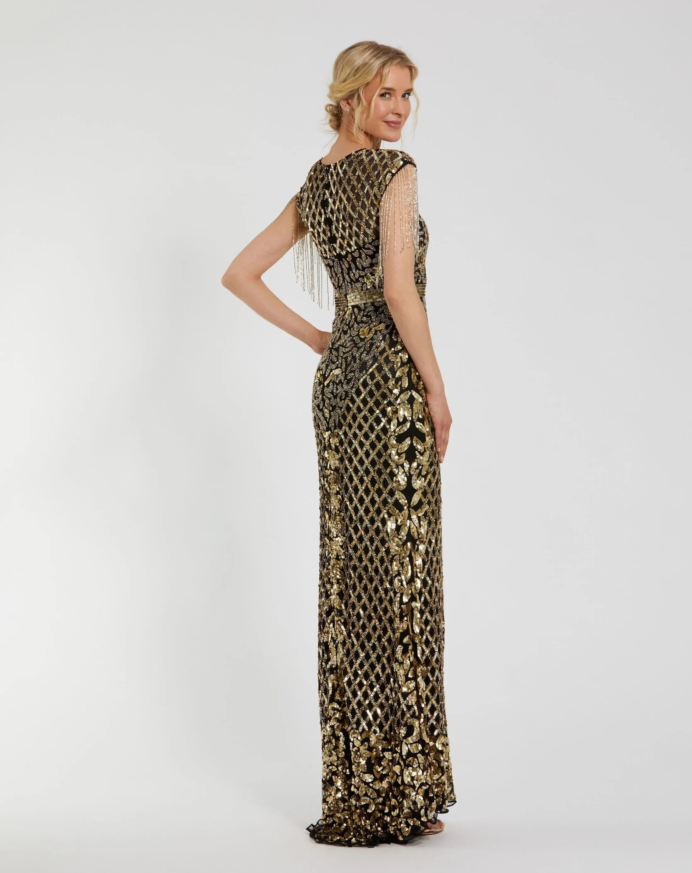 Black High Neck Sleeveless Beaded Fringe Fitted Gown - Mac Duggal