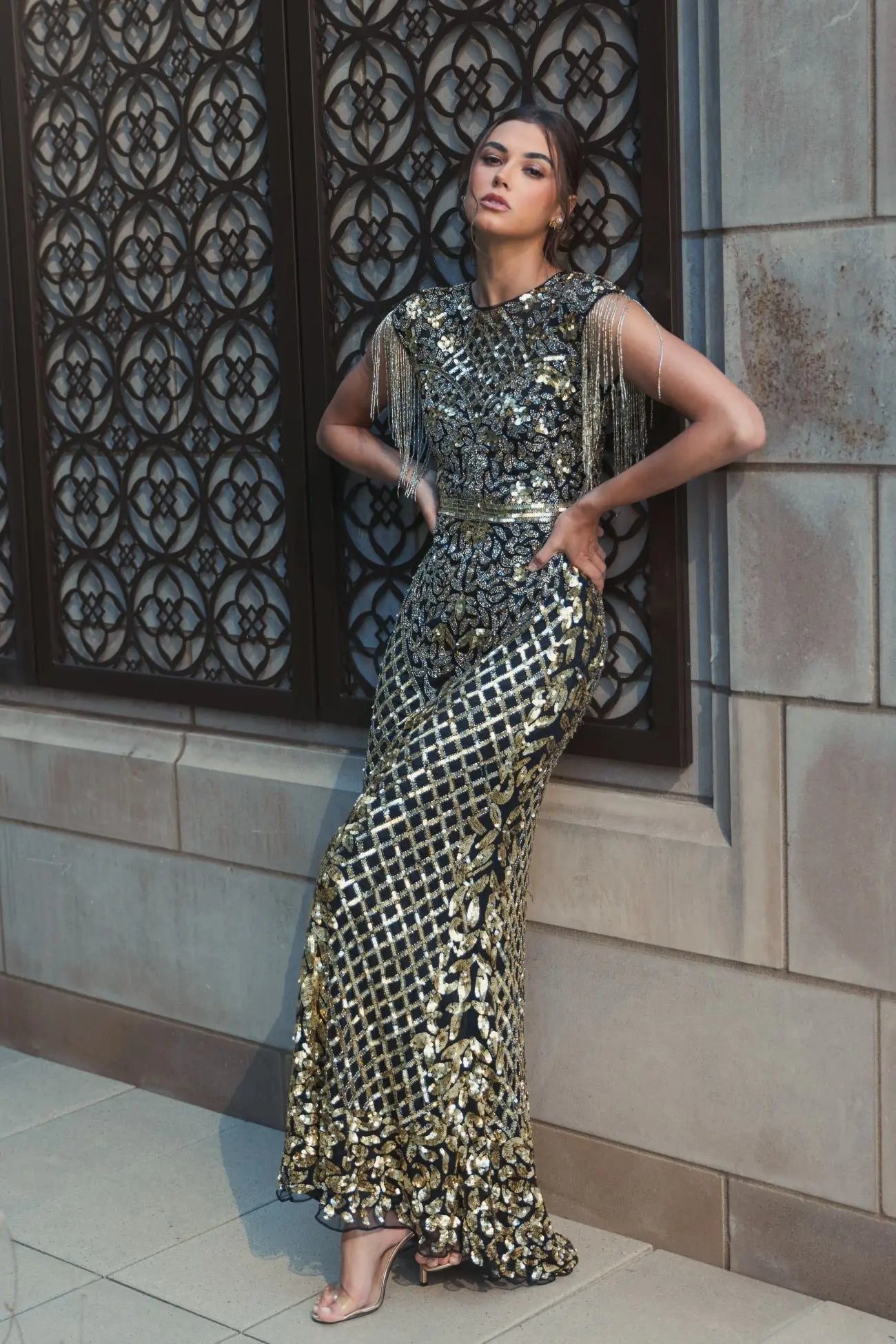 Mac Duggal - Black High Neck Beaded Fringe Fitted Gown - US 8 Mac Duggal - Black High Neck Beaded Fringe Fitted Gown - US 8