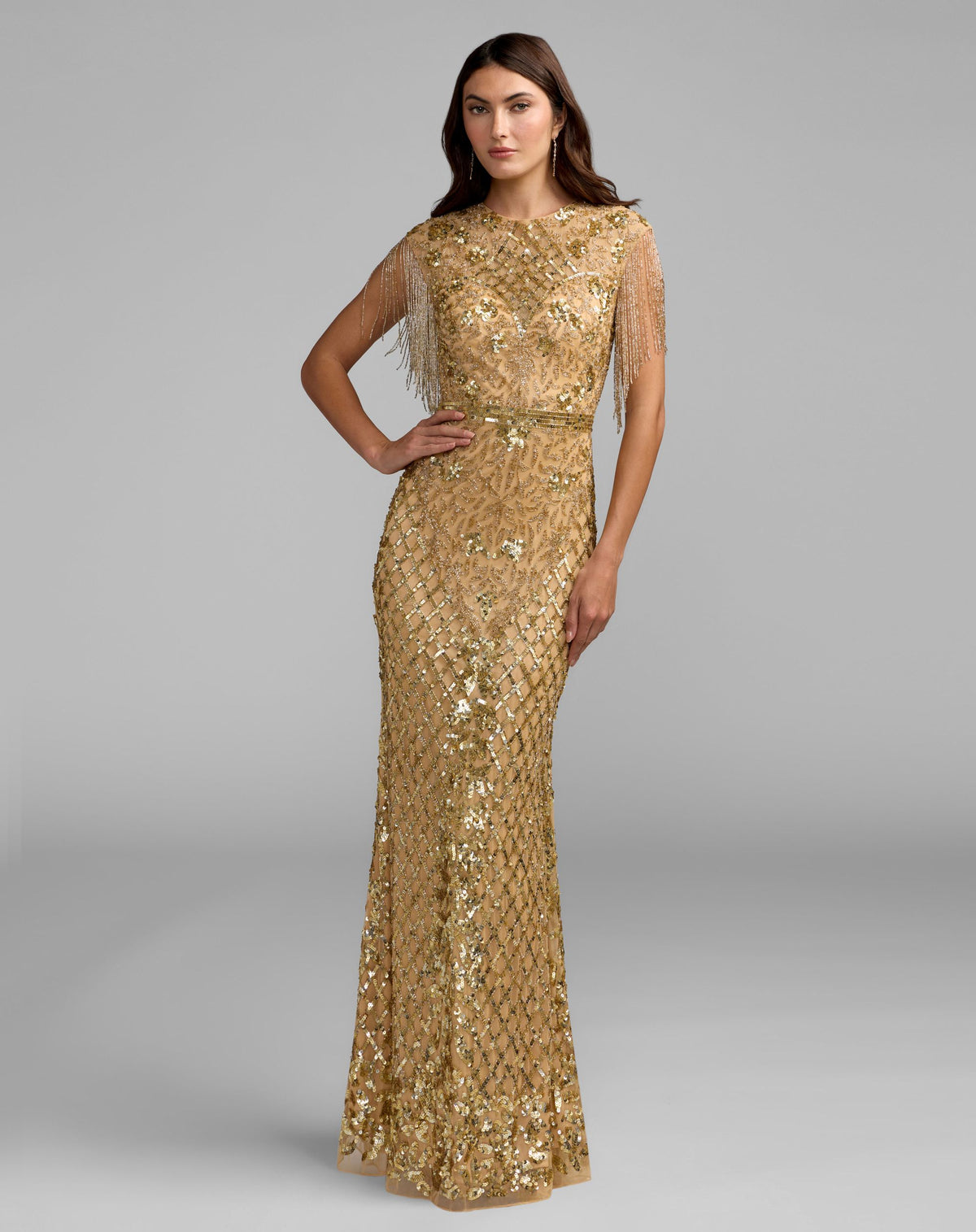Gold High Neck Beaded Fringe Fitted Gown - Mac Duggal