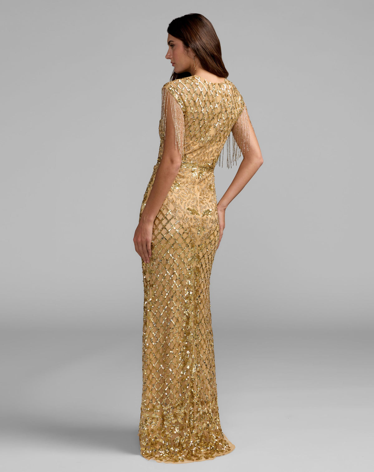 Gold High Neck Beaded Fringe Fitted Gown - Mac Duggal