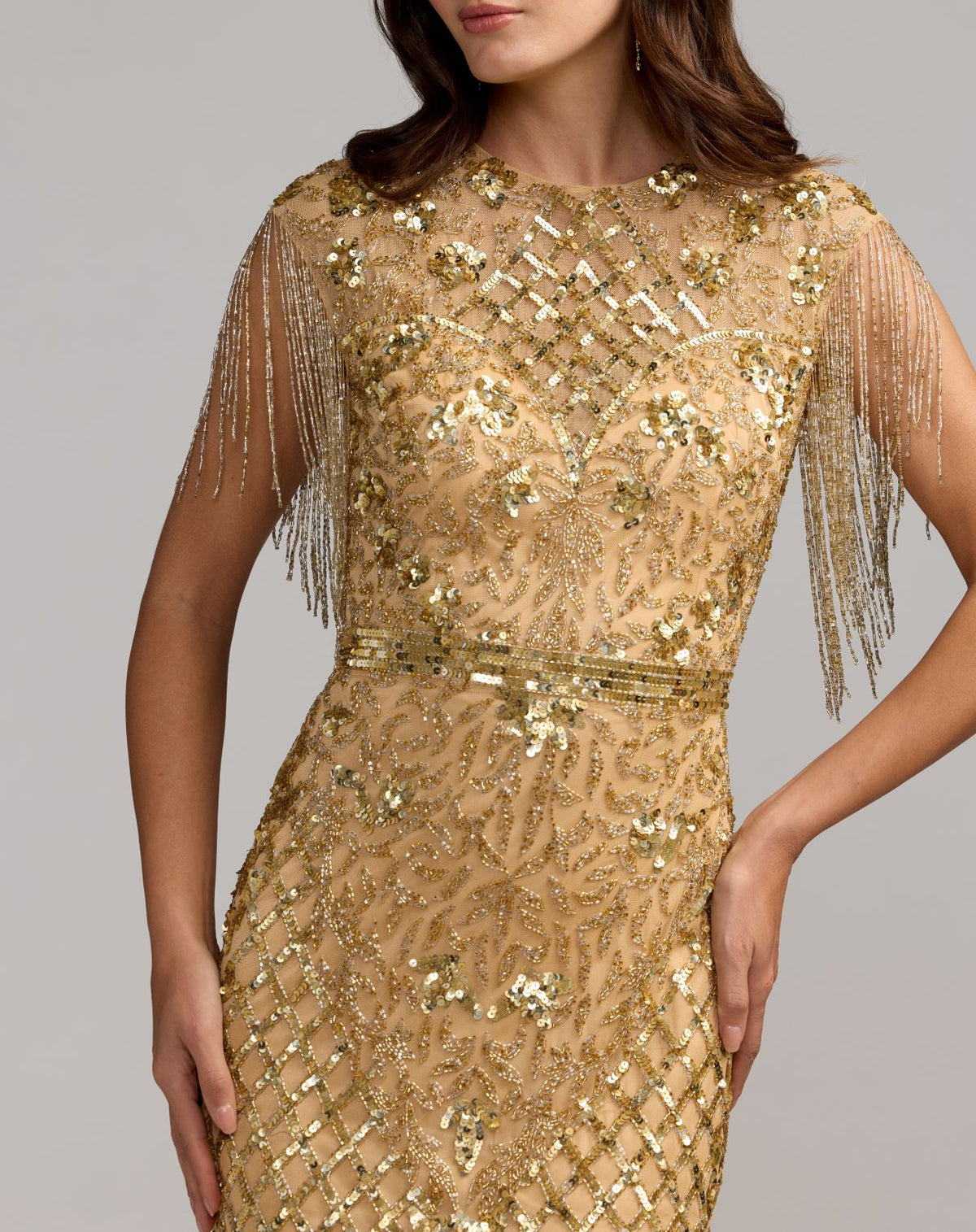 Gold High Neck Beaded Fringe Fitted Gown - Mac Duggal