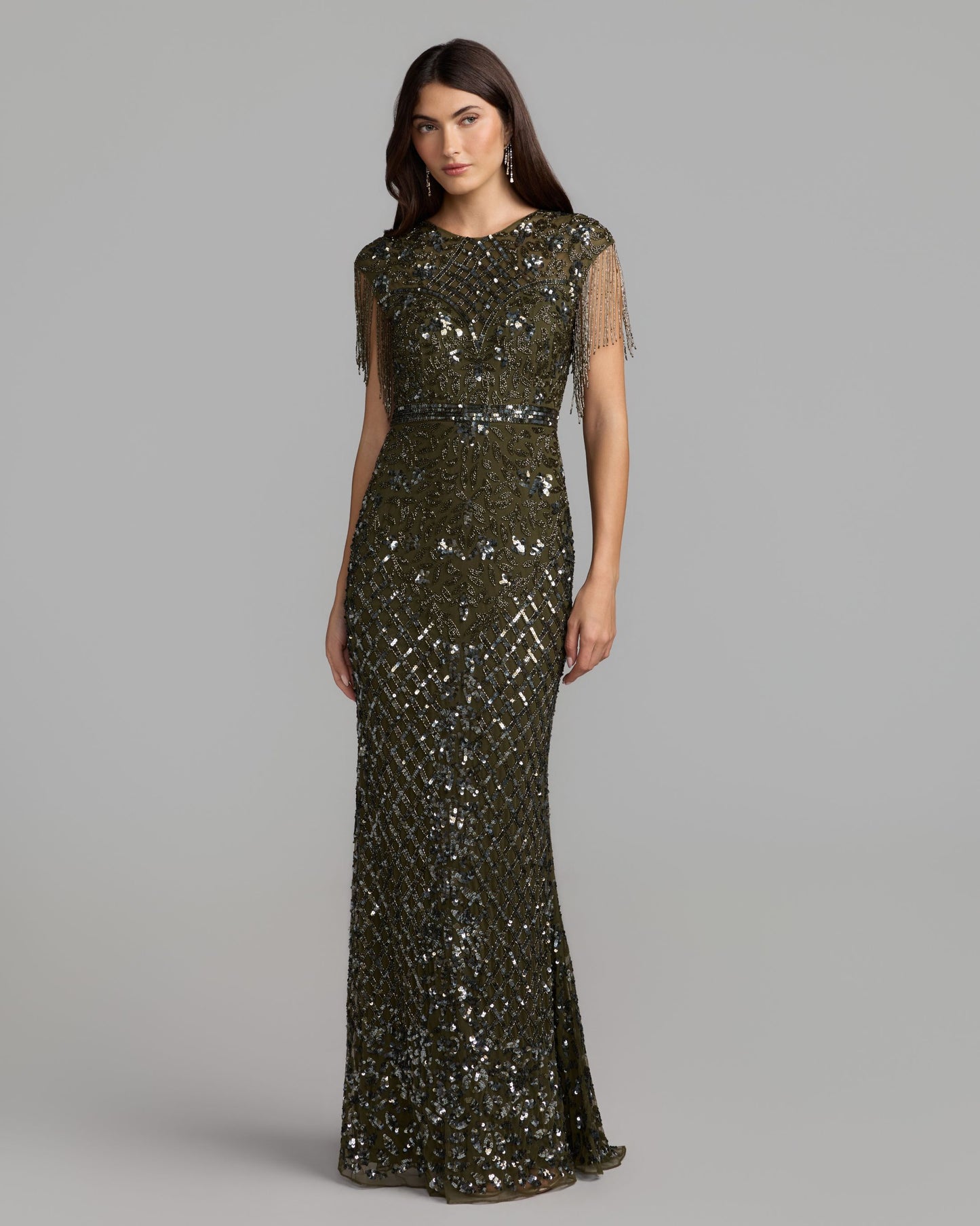 Dark Green High Neck Beaded Fringe Fitted Gown Mac Duggal
