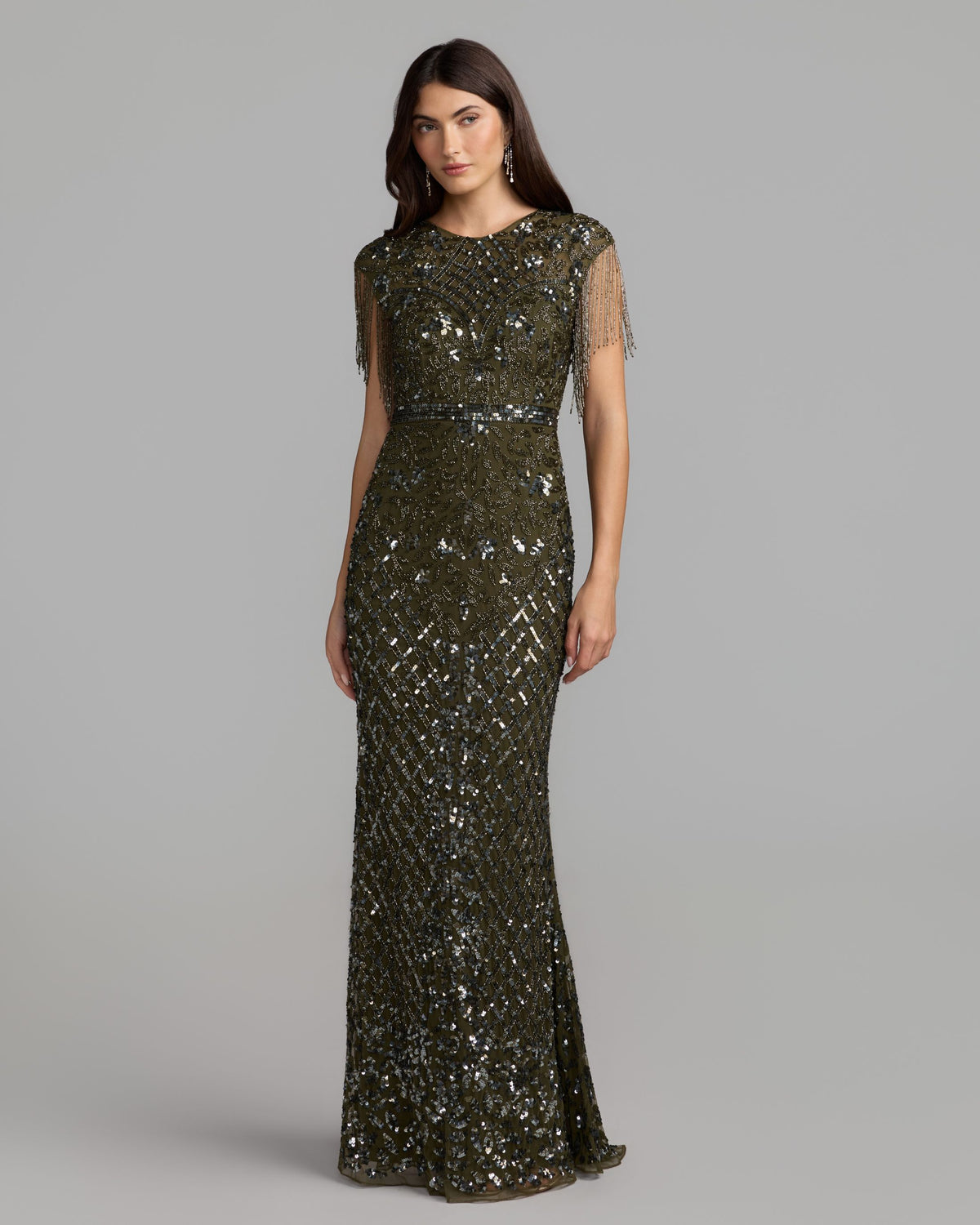 Dark Green High Neck Beaded Fringe Fitted Gown Mac Duggal