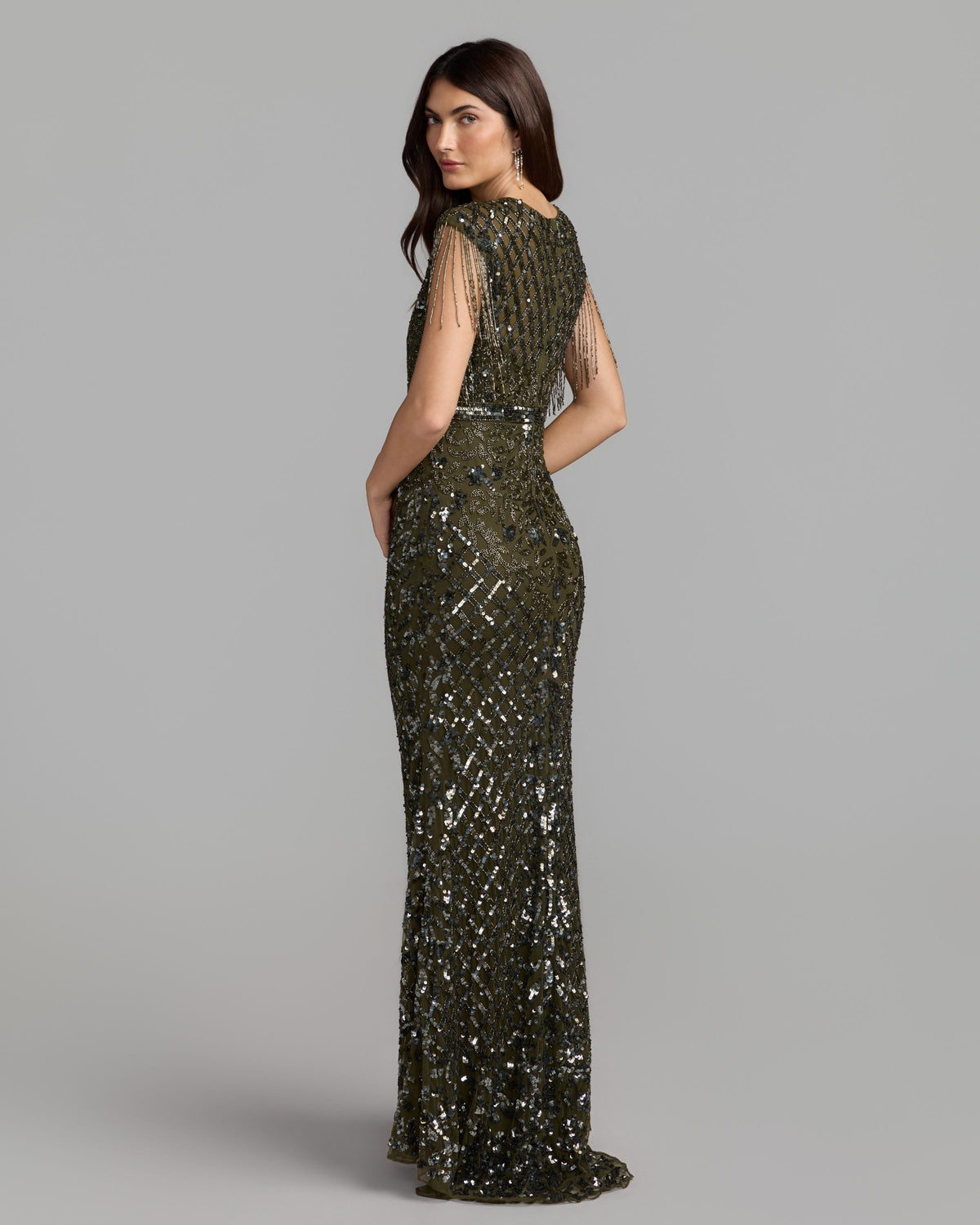 Dark Green High Neck Beaded Fringe Fitted Gown Mac Duggal
