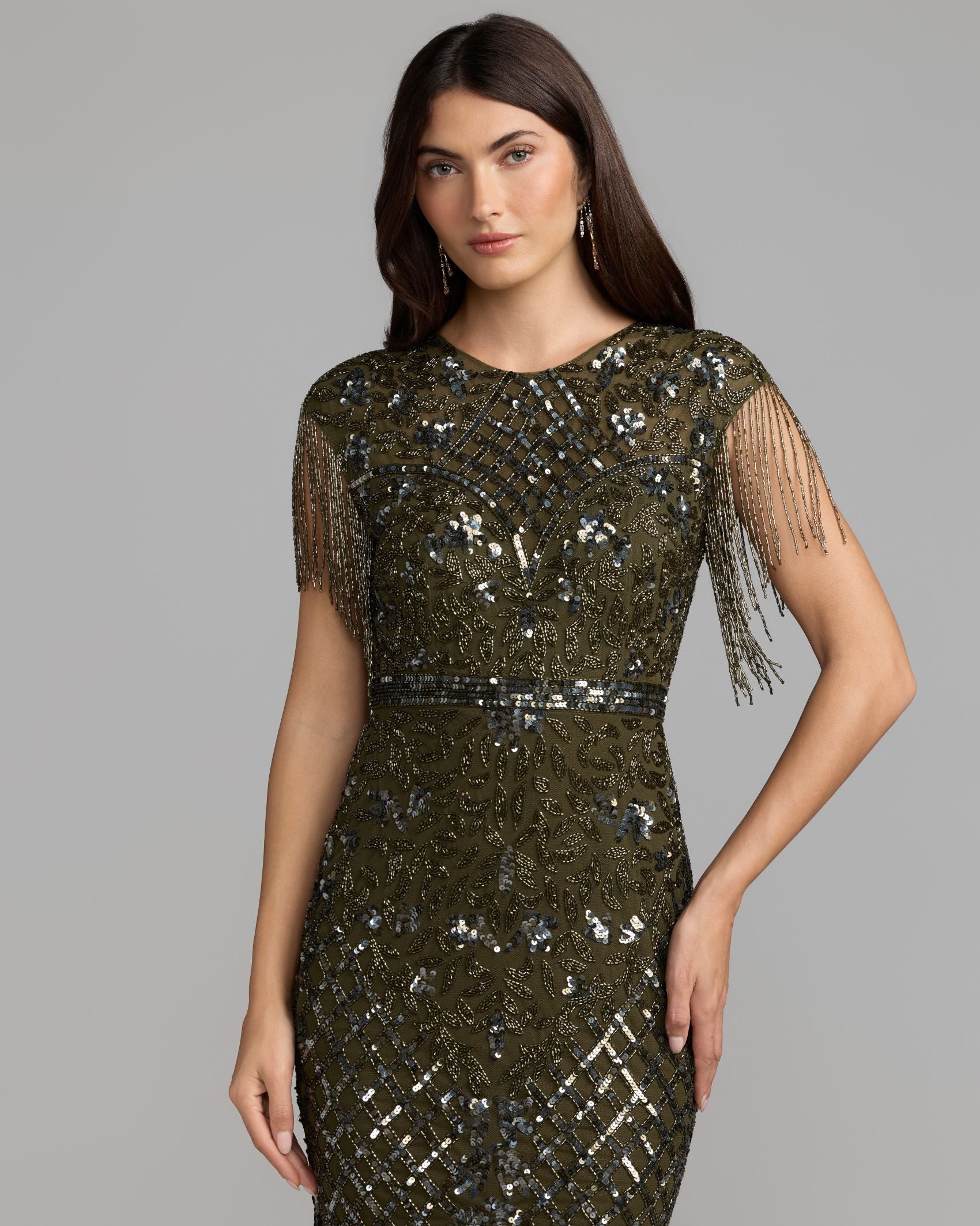 Dark Green High Neck Beaded Fringe Fitted Gown Mac Duggal