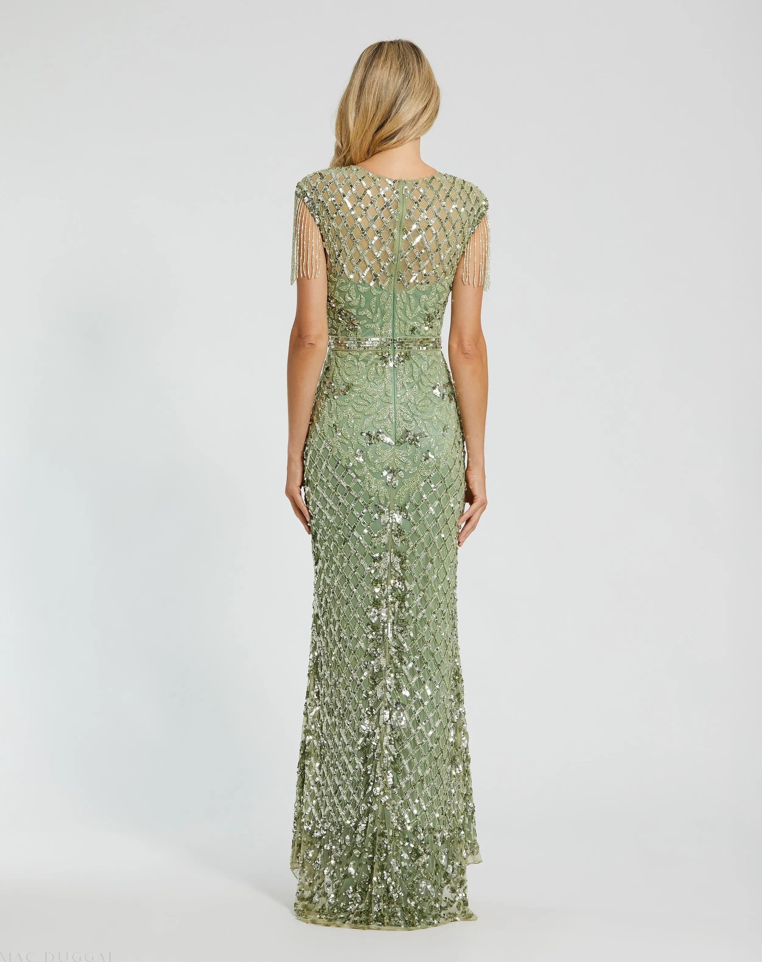 Green High Neck Sleeveless Beaded Fringe Fitted Gown - Mac Duggal