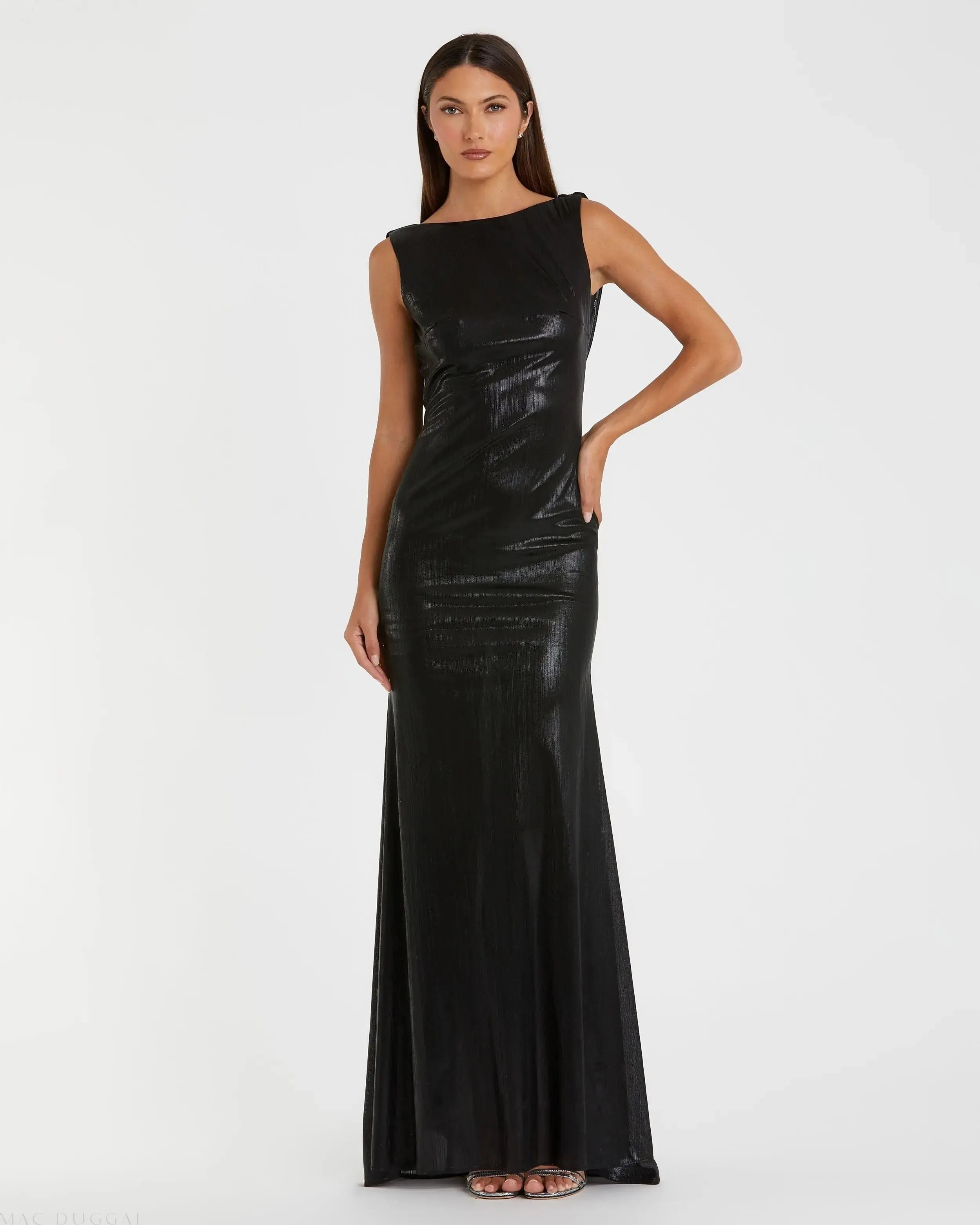Black Metallic Jersey Cowl Back Column Gown - Ieena for Mac Duggal