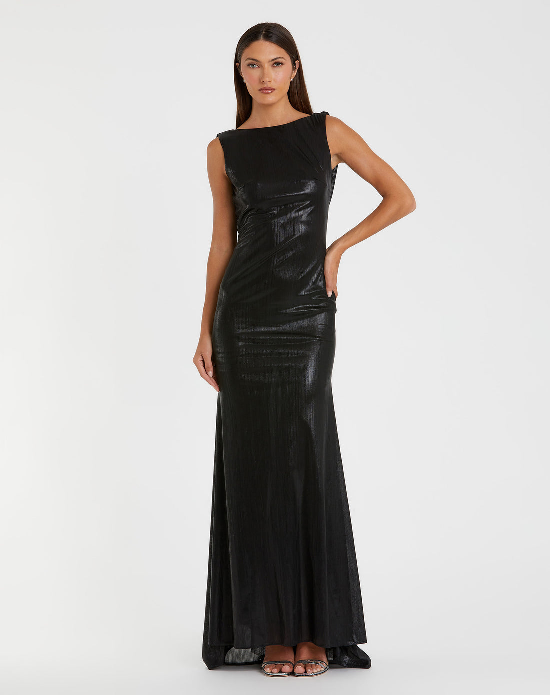 Metallic Jersey Cowl Back Column Gown