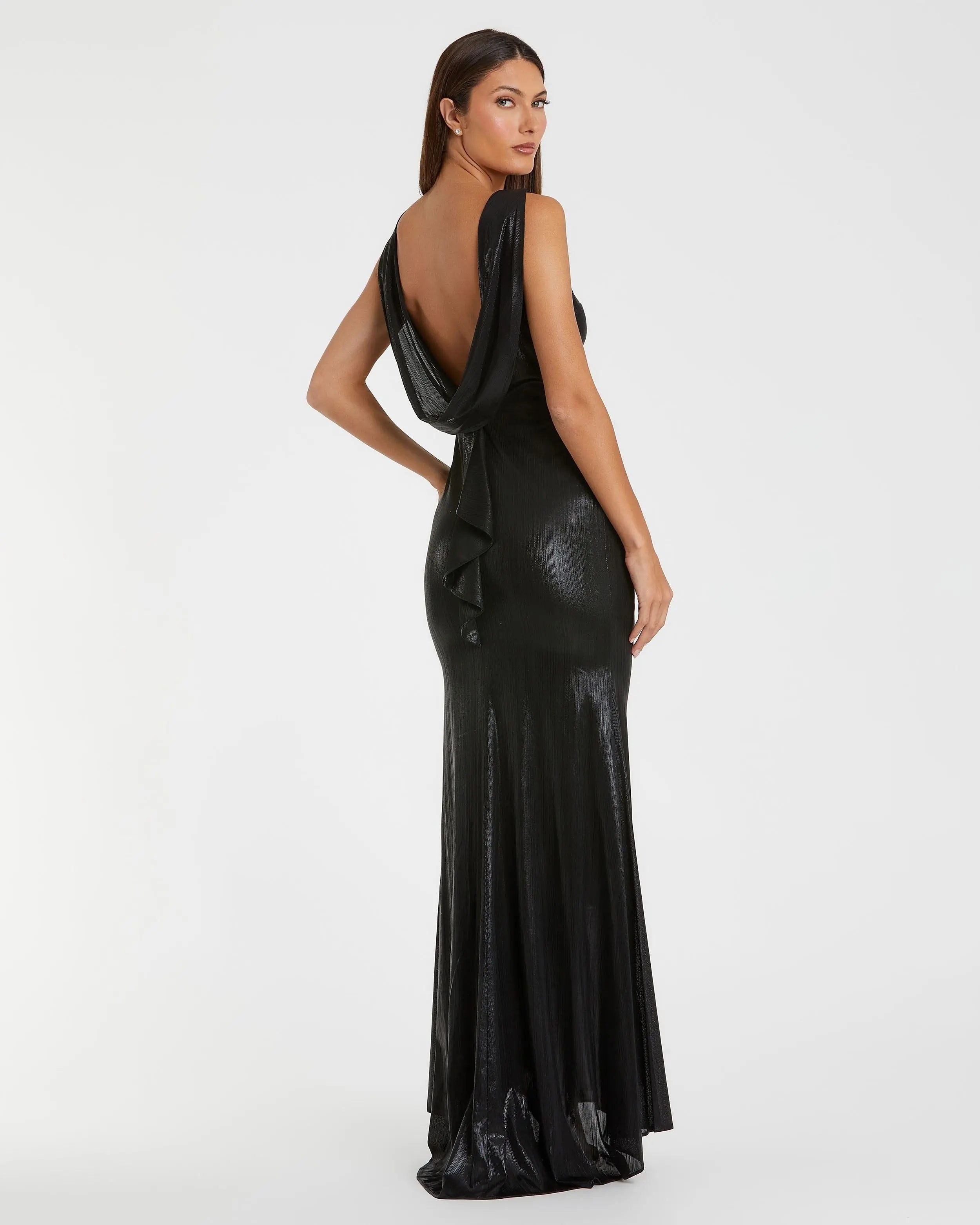 Black Metallic Jersey Cowl Back Column Gown - Ieena for Mac Duggal